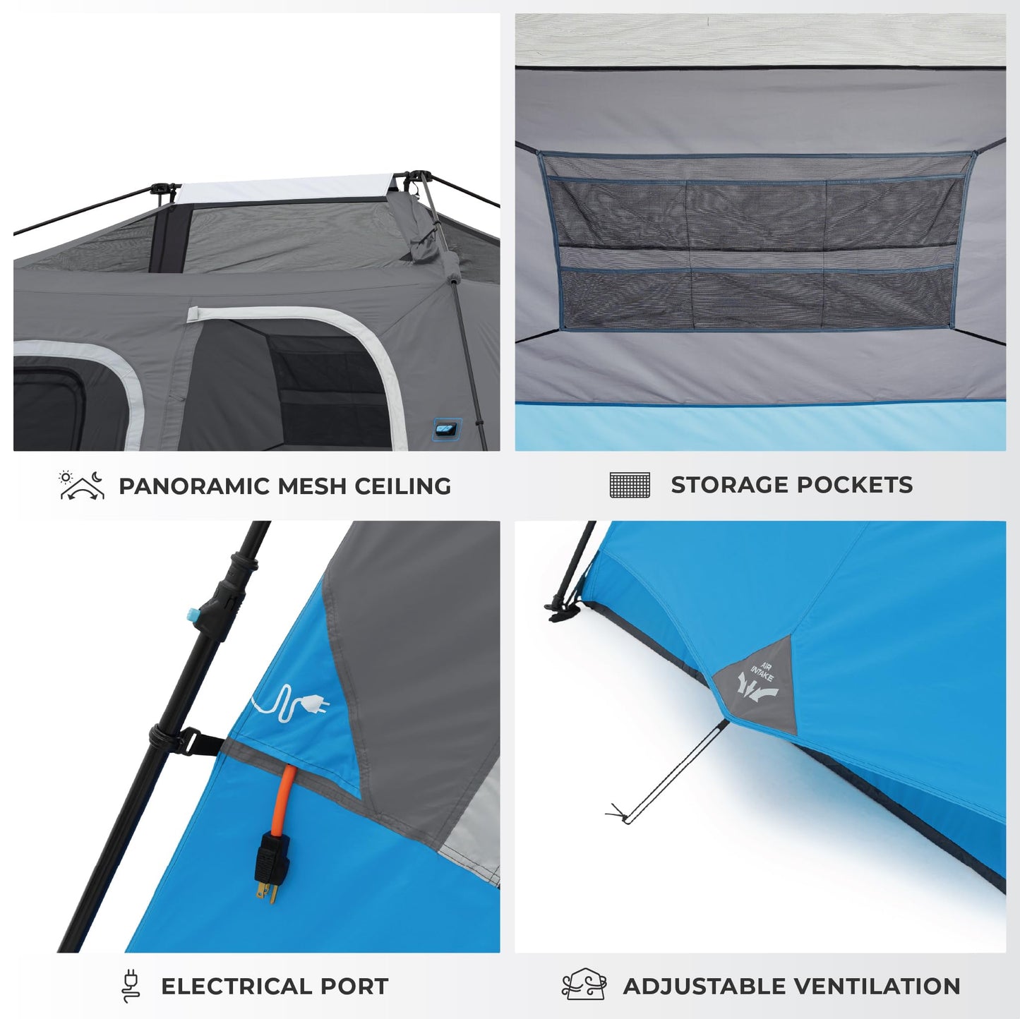 CORE Instant Cabin Tents with LED Lights | Family Multi Room Lighted Pop Up Tents for Camping | Included Storage Pockets for Camping Accessories