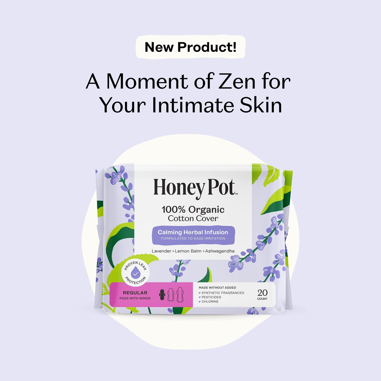 Honey Pot - Calming Herbal Super Sanitary Pads for Women - 100% Organic Cotton Top Sheet - Feminine Care - Non Cooling - Calming Herbs of Lavender, Ashwagandha, & Lemon Balm - 16ct