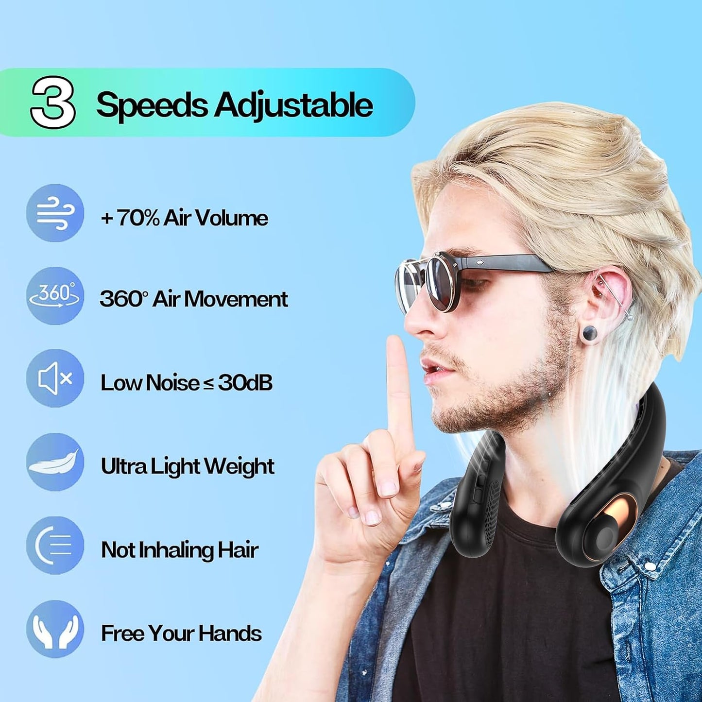 KIDEE Neck Fan, Bladeless Neck Fans Portable Rechargeable, Upgrade 360° Airflow, 3 Speeds, Headphone Design, 4000mAh Battery Operated Personal Wearable Fan Hands Free for Travel Indoor Outdoor