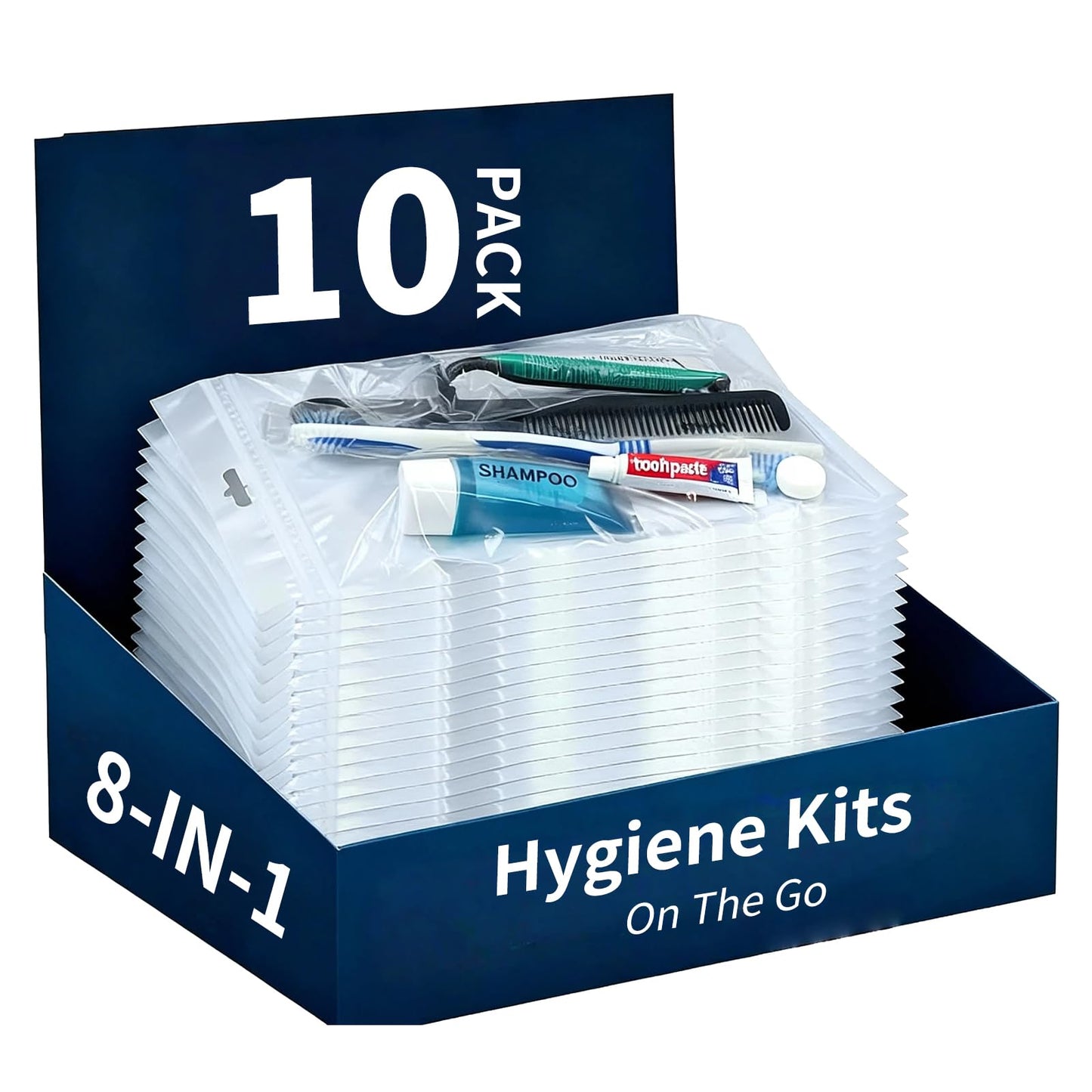 50 Pack Hygiene Kits for Homeless in Bulk, 8-in-1 Personal Toiletry Kit Individually Packed with Toothbrush, Toothpaste, Comb, Flossers,Shampoo, Soap, Razor & Shaving Cream