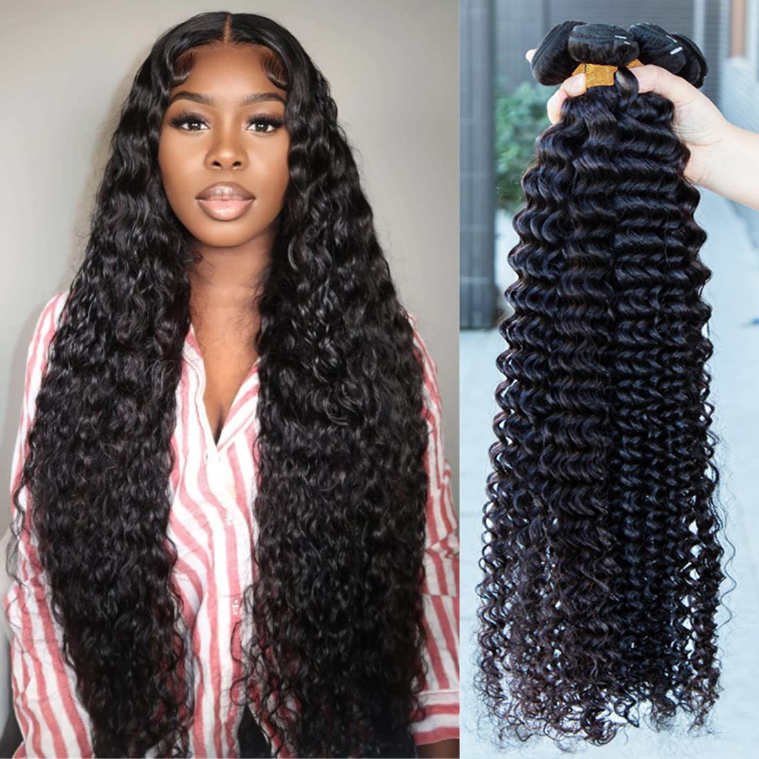 Closure with Bundles (16 18 20 22+14 Closure) Free Part Deep Wave 4 Bundles with 4x4 Lace Closure 100% Unprocessed Brazilian Virgin Remy Hair Curly Bundles Hair Extension Double Weft Natural Color
