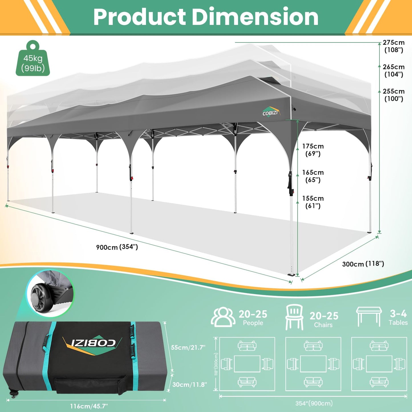 COBIZI 10x20 Pop Up Canopy Tent, Outdoor Party Tent with 4 Sidewalls, 1 Person Easy Set up, Tents for Parties with Fluorescent Strip & 4 Sandbags, Waterproof UPF50+, 3 Adjustable Height, Gray