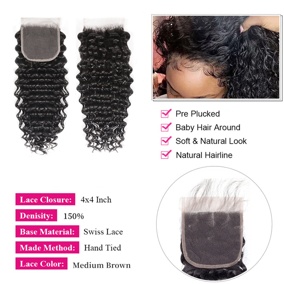 Closure with Bundles (16 18 20 22+14 Closure) Free Part Deep Wave 4 Bundles with 4x4 Lace Closure 100% Unprocessed Brazilian Virgin Remy Hair Curly Bundles Hair Extension Double Weft Natural Color