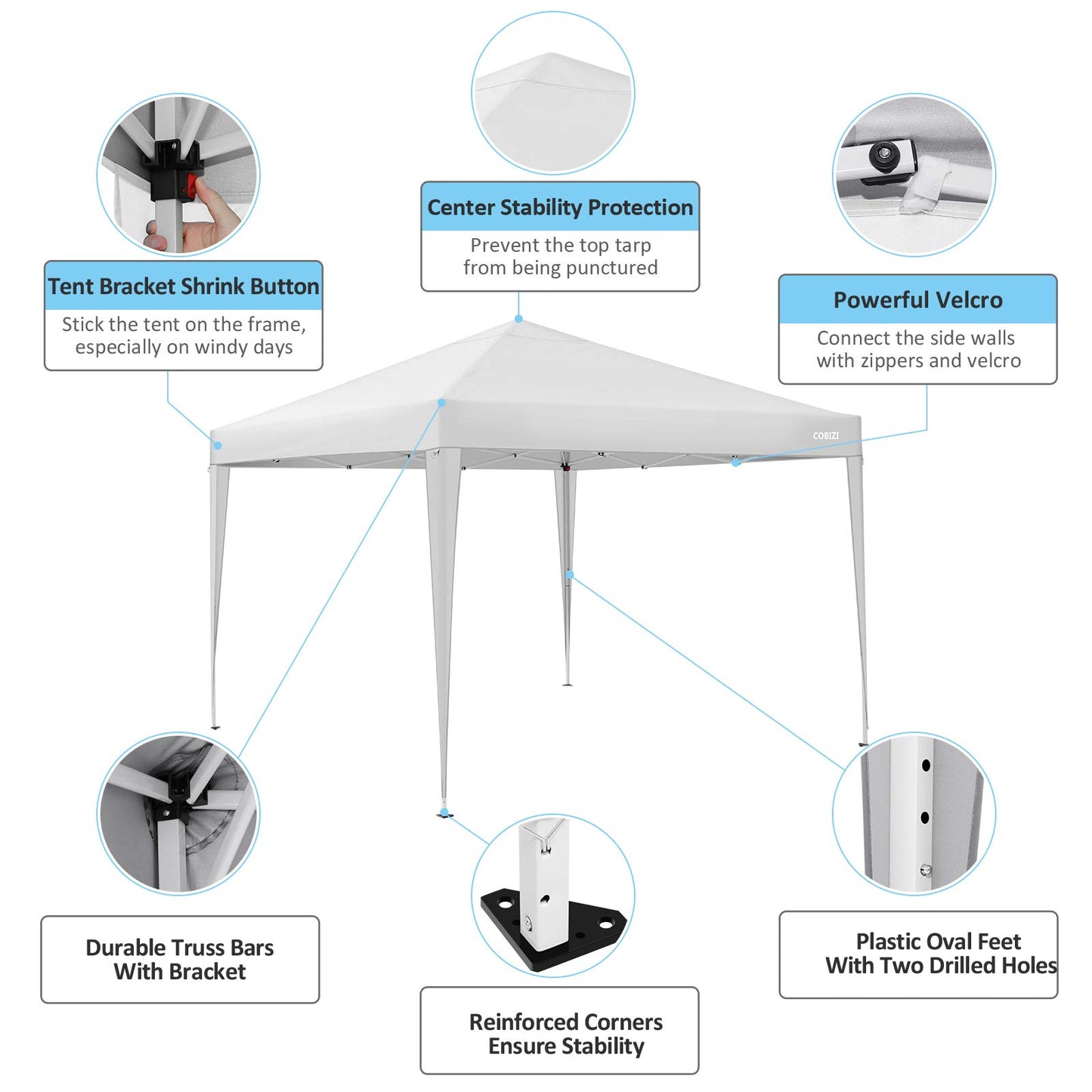 COBIZI 10x20 Pop Up Canopy Tent, Outdoor Party Tent with 4 Sidewalls, 1 Person Easy Set up, Tents for Parties with Fluorescent Strip & 4 Sandbags, Waterproof UPF50+, 3 Adjustable Height, Gray