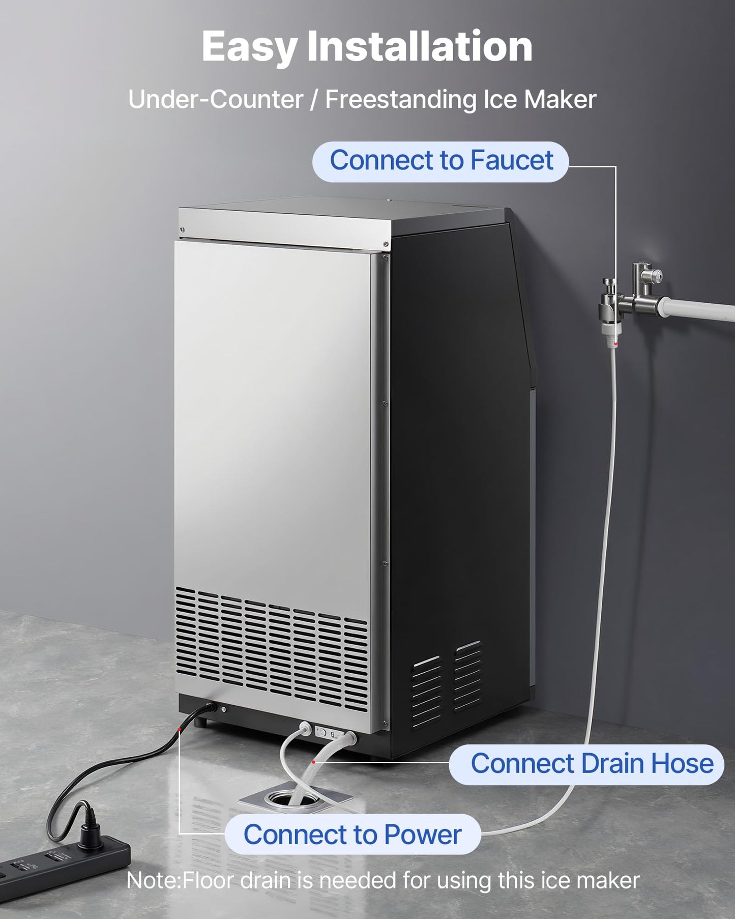 VEVOR Commercial Ice Maker Machine, 265 lbs/24h with 85 lbs Storage Capacity, Built-in/Freestanding/Under Counter, Stainless Steel Ice Maker with LED Display & Self-Cleaning, for Home Bar Restaurant
