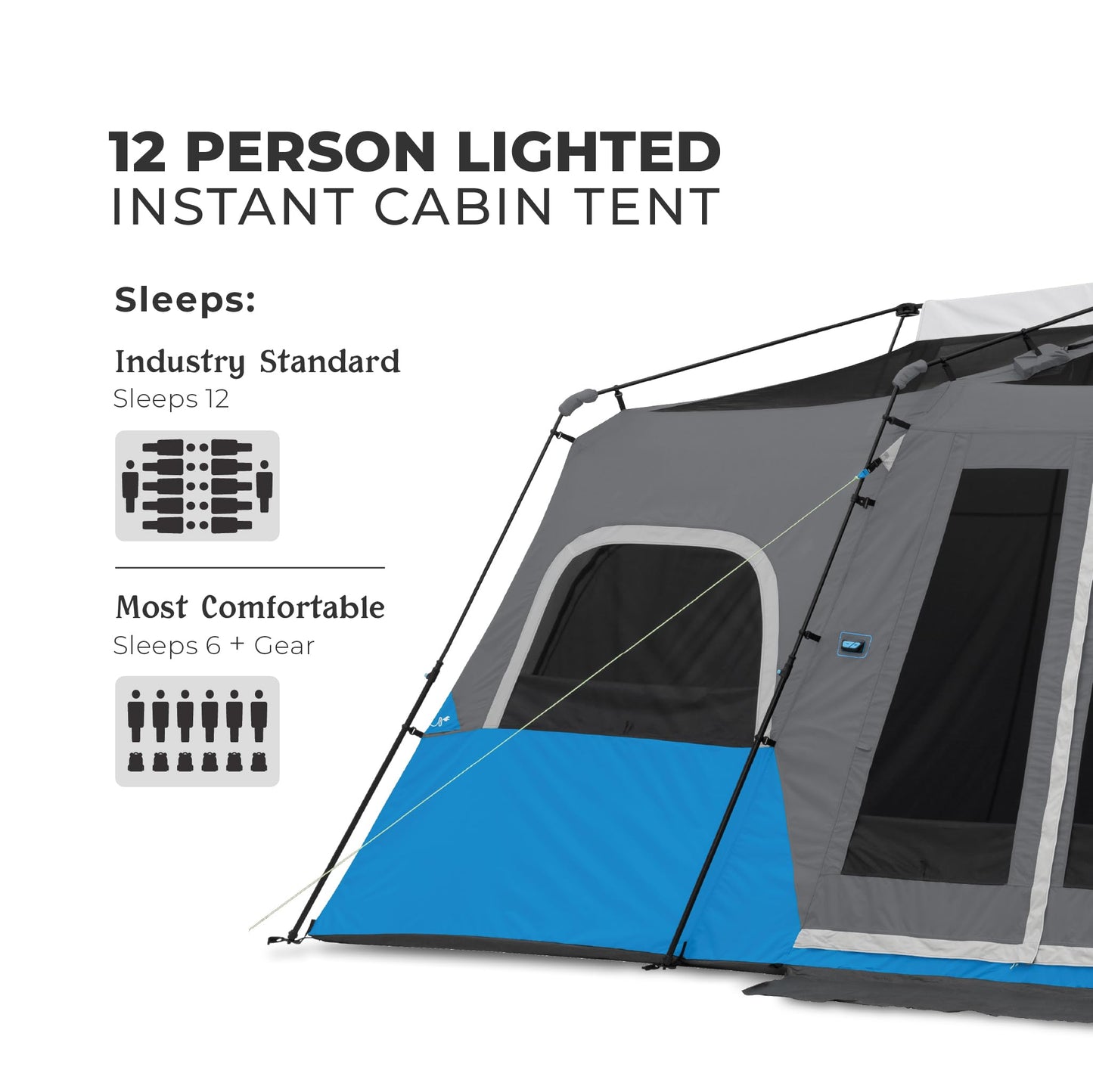 CORE Instant Cabin Tents with LED Lights | Family Multi Room Lighted Pop Up Tents for Camping | Included Storage Pockets for Camping Accessories