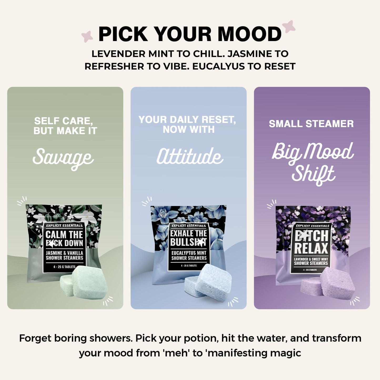 Explicit Essentials Shower Steamers Gift Set | 4 Funny Handmade Aromatherapy Shower Bombs | Relaxation & Stress Relief Spa Gift for Self-Care, Birthdays & Holidays