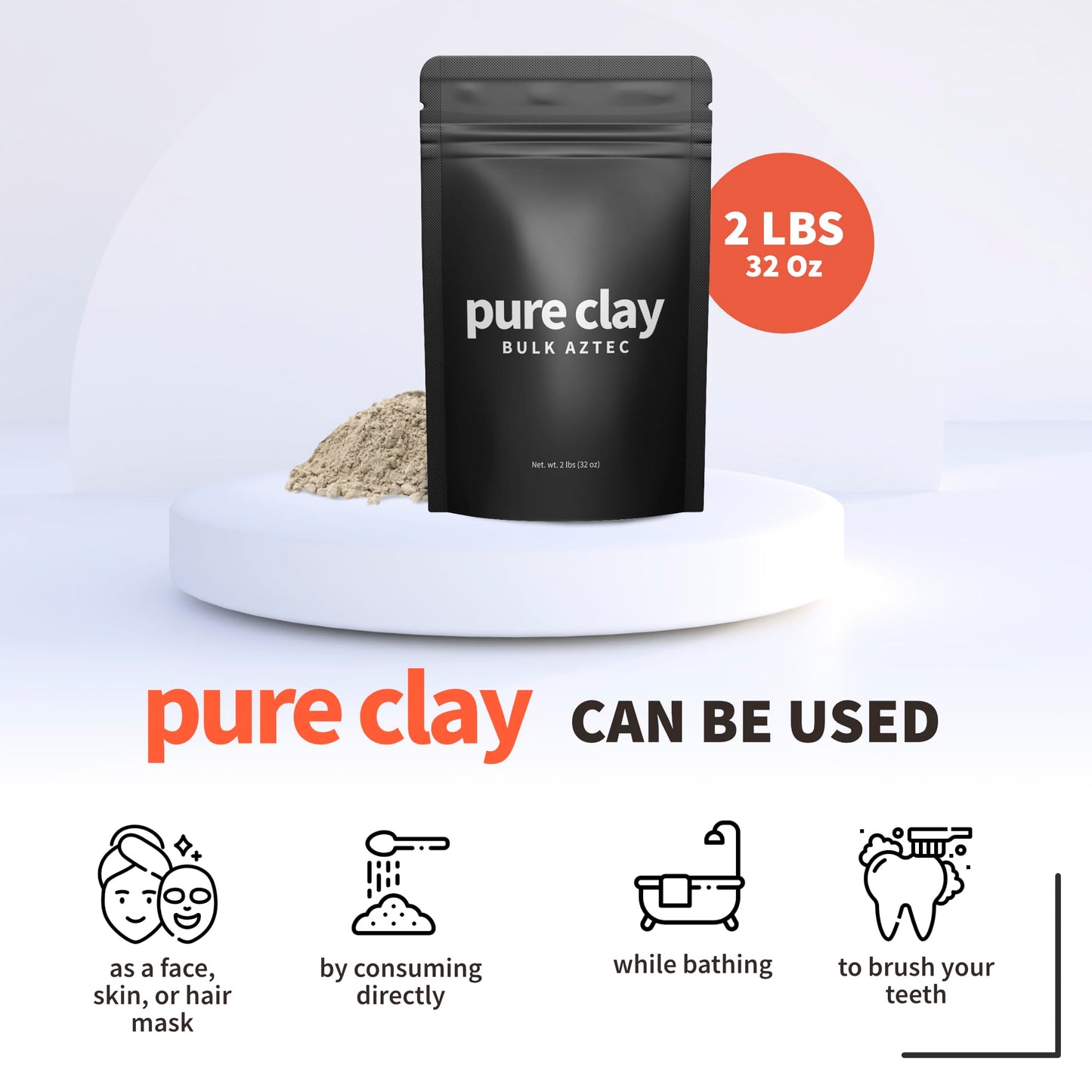 Pure Clay Detox | Therapeutic Grade Calcium Bentonite Clay Powder | GRAS-Affirmed | Indian Healing Face Mask | Deep Pore Cleansing | Body Wrap Hair Mask Bath | Ultra Fine | 16 oz | Acne Oily Skin Foot