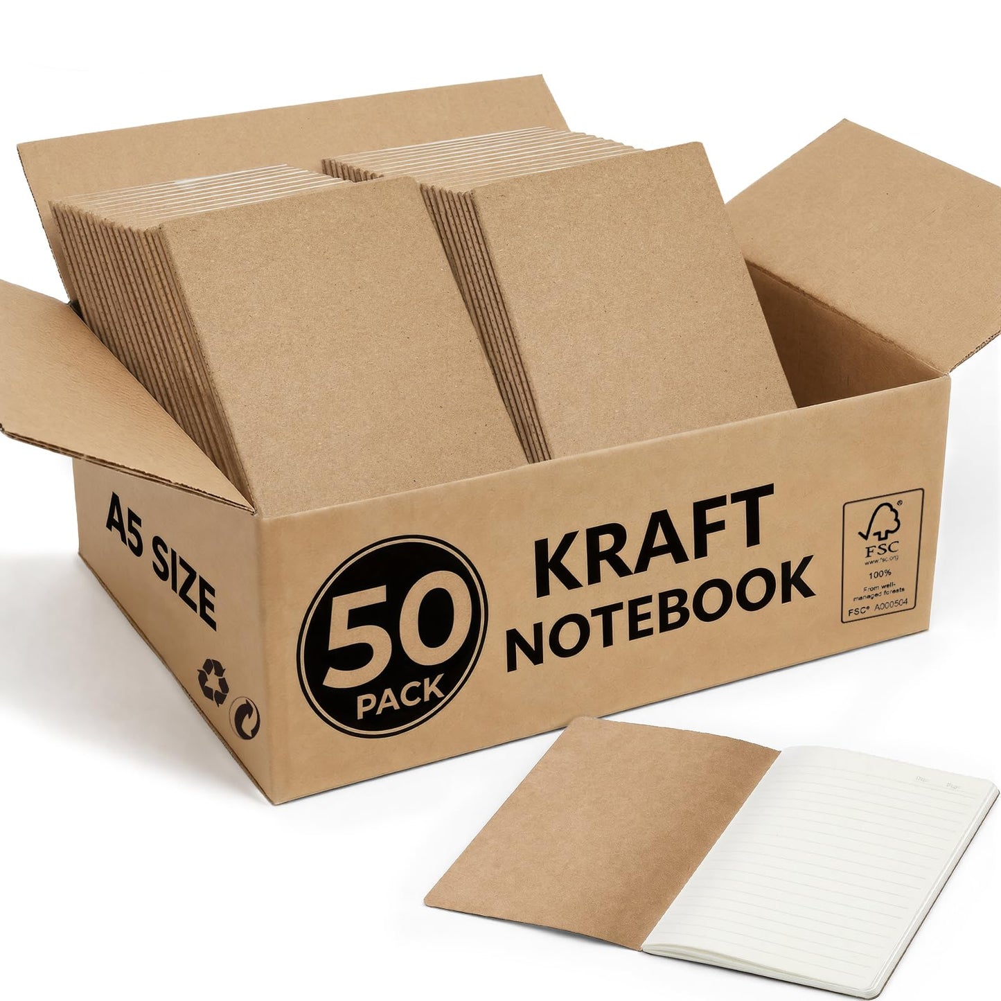 50 Pack Kraft Notebooks Bulk A5, 60 Pages Lined Ruled Journals, 8.3x5.5 Inches, Natural Kraft Cover Composition Notebooks for School Office Students Artists