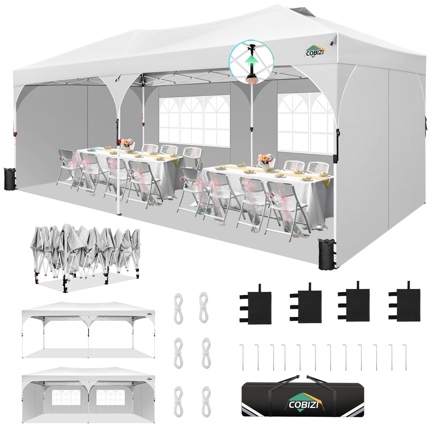 COBIZI 10x20 Pop Up Canopy Tent, Outdoor Party Tent with 4 Sidewalls, 1 Person Easy Set up, Tents for Parties with Fluorescent Strip & 4 Sandbags, Waterproof UPF50+, 3 Adjustable Height, Gray