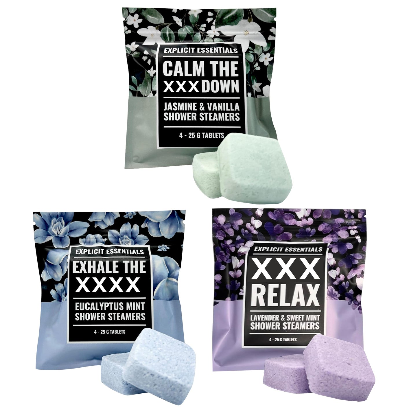 Explicit Essentials Shower Steamers Gift Set | 4 Funny Handmade Aromatherapy Shower Bombs | Relaxation & Stress Relief Spa Gift for Self-Care, Birthdays & Holidays