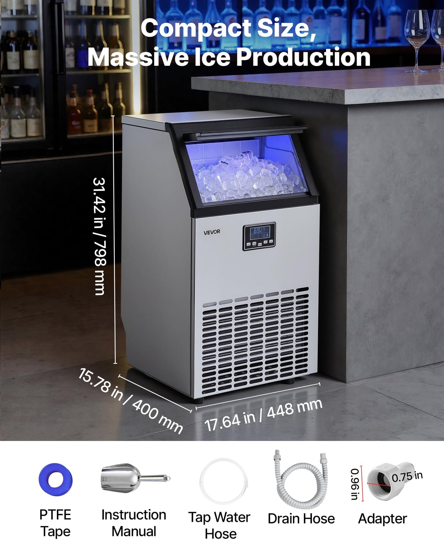VEVOR Commercial Ice Maker Machine, 265 lbs/24h with 85 lbs Storage Capacity, Built-in/Freestanding/Under Counter, Stainless Steel Ice Maker with LED Display & Self-Cleaning, for Home Bar Restaurant