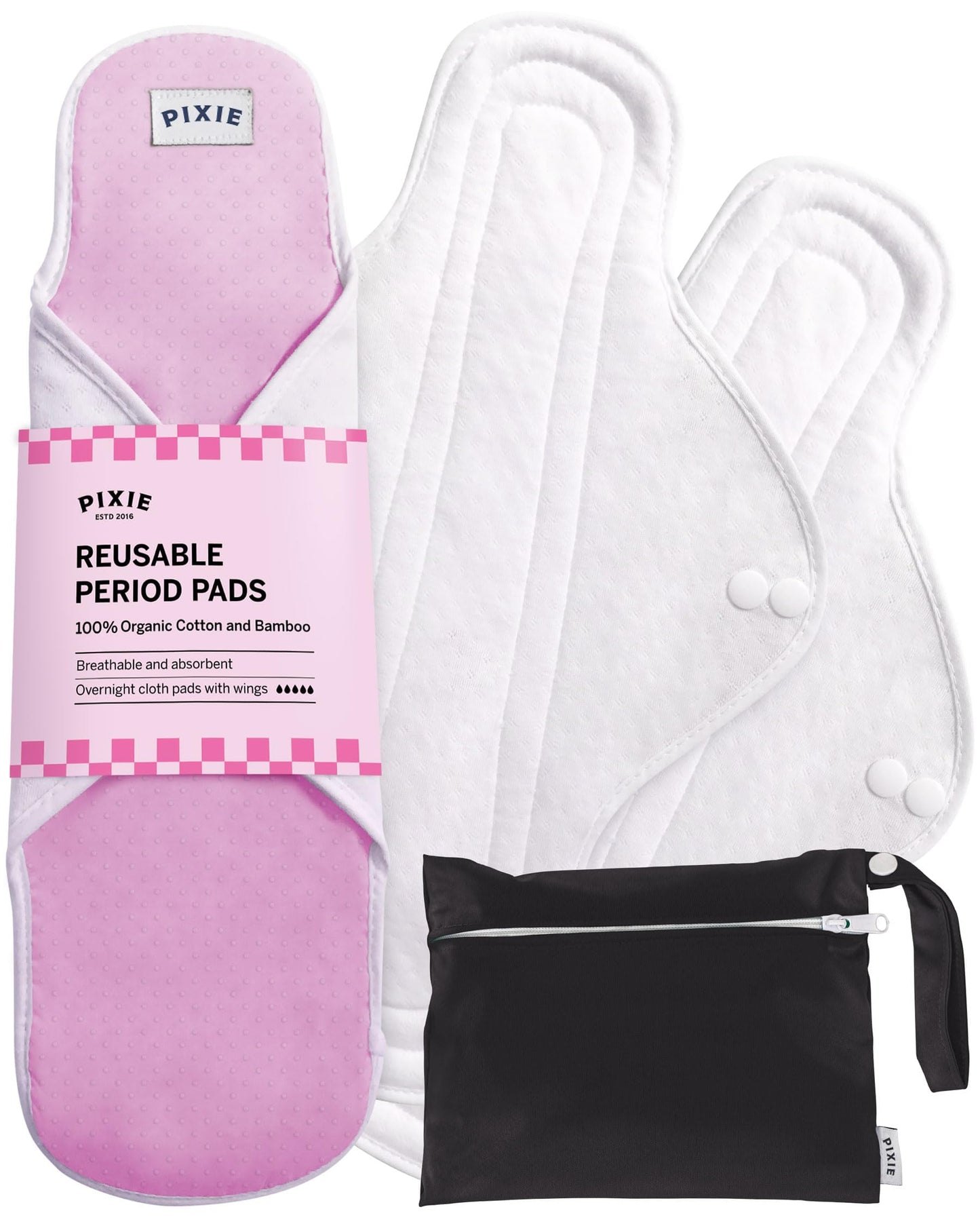 Pixie Cotton Cloth Pads for Feminine Care - 100% Organic Reusable Pads - Ranked 1 for Softest Menstrual Sanitary Napkins - Machine Washable & Includes Free Wet Bag - Menstrual Liner (Regular)