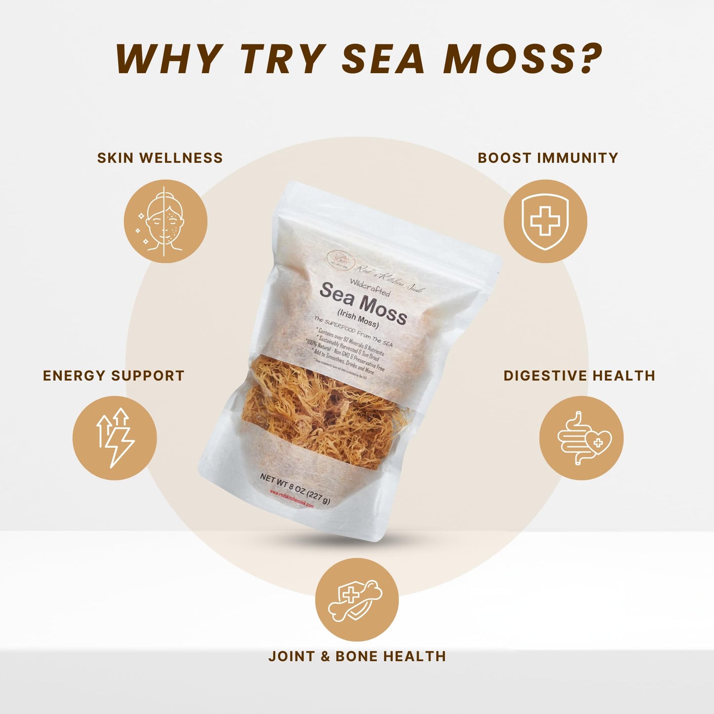 Raw Wildcrafted Gold Sea Moss from St. Lucia, Sun-Dried Whole Leaf Irish Moss, Natural Wild Sea Moss | Makes 120+ oz Gel | 8 oz Bag