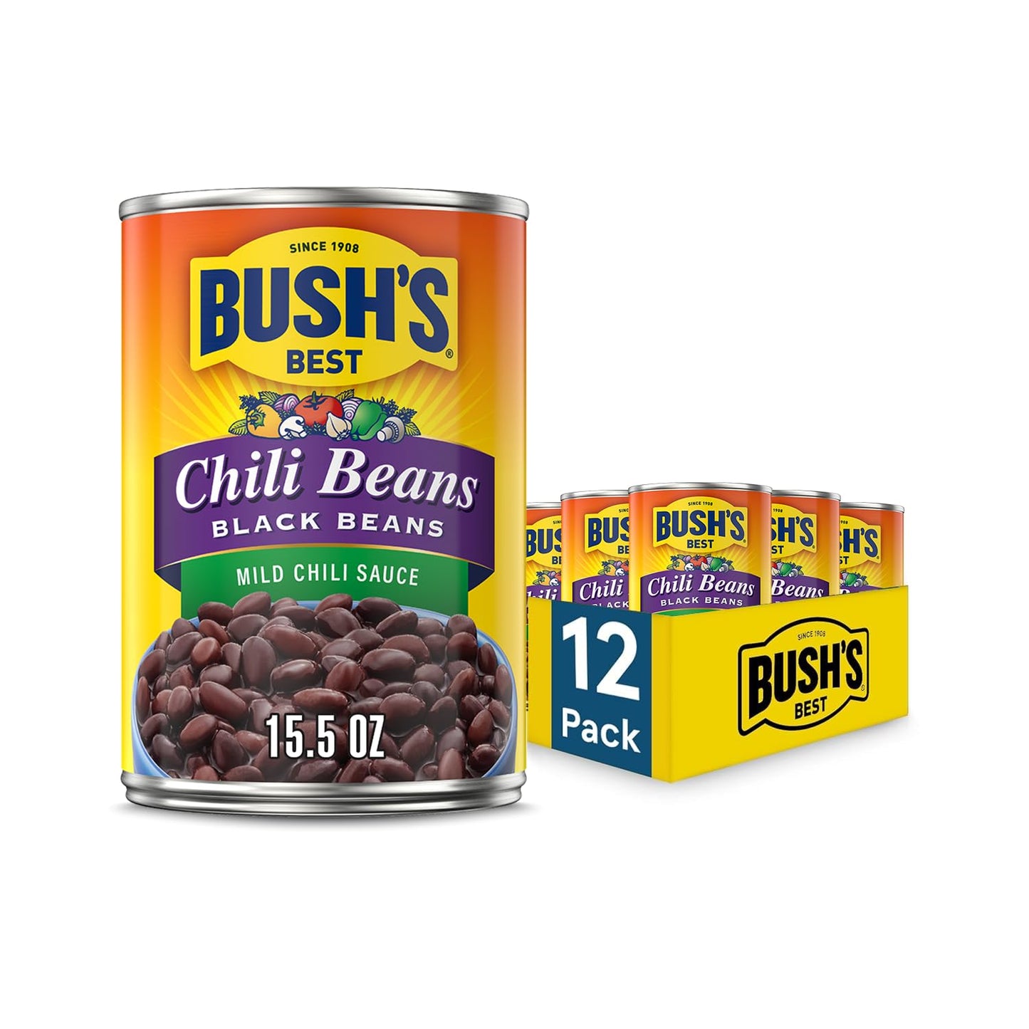 BUSH'S BEST 16 oz Canned Mild Red Chili Beans, Source of Plant Based Protein and Fiber, Low Fat, Gluten Free, (Pack of 12)