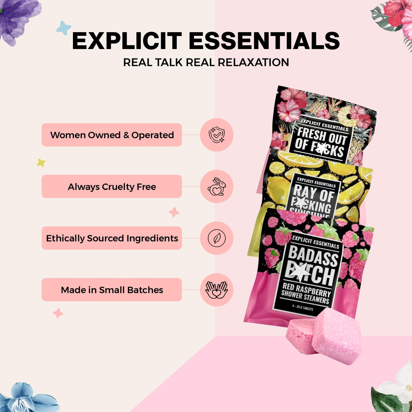 Explicit Essentials Shower Steamers Gift Set | 4 Funny Handmade Aromatherapy Shower Bombs | Relaxation & Stress Relief Spa Gift for Self-Care, Birthdays & Holidays