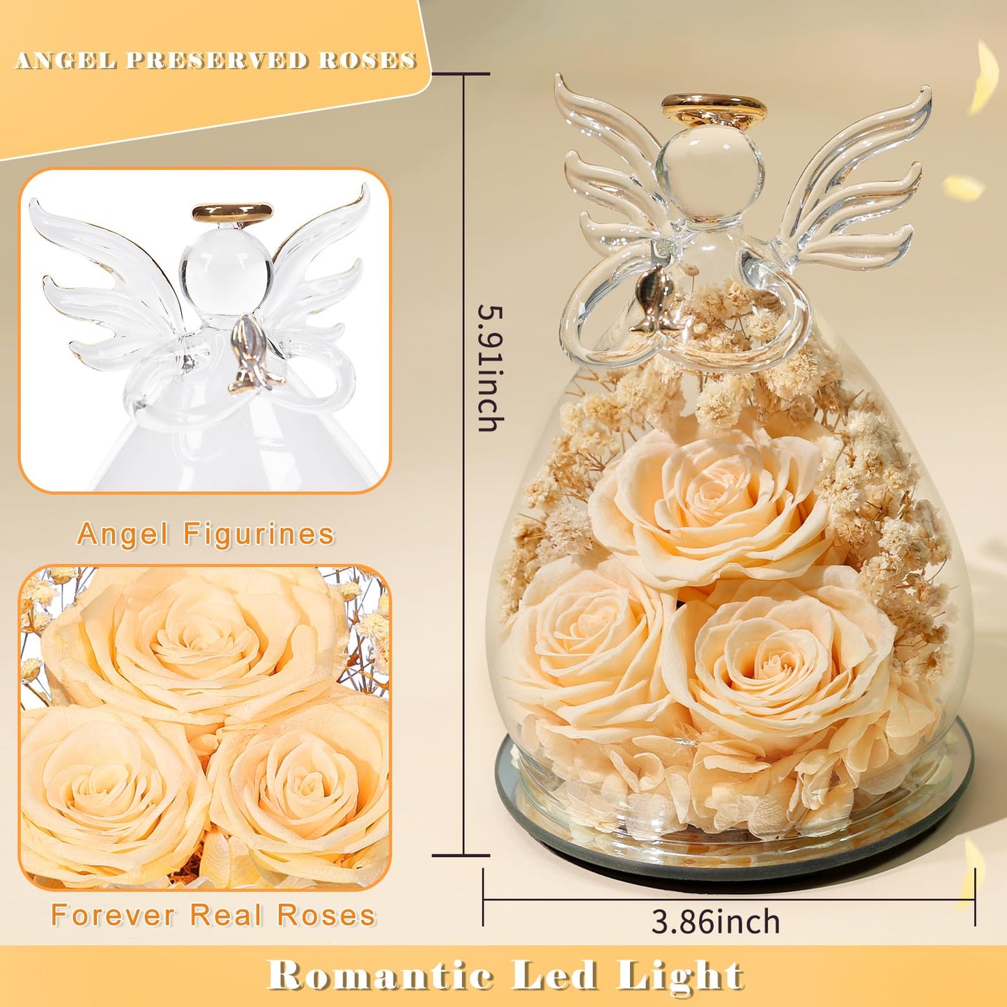 Beferr Mothers Day Mom Birthday Gifts for Women, Fresh Flowers for Delivery Forever Preserved Rose in Glass Angel Figurine, Anniversary Christian Real Rose for Grandma Nana Wife Mum from Daughter Son