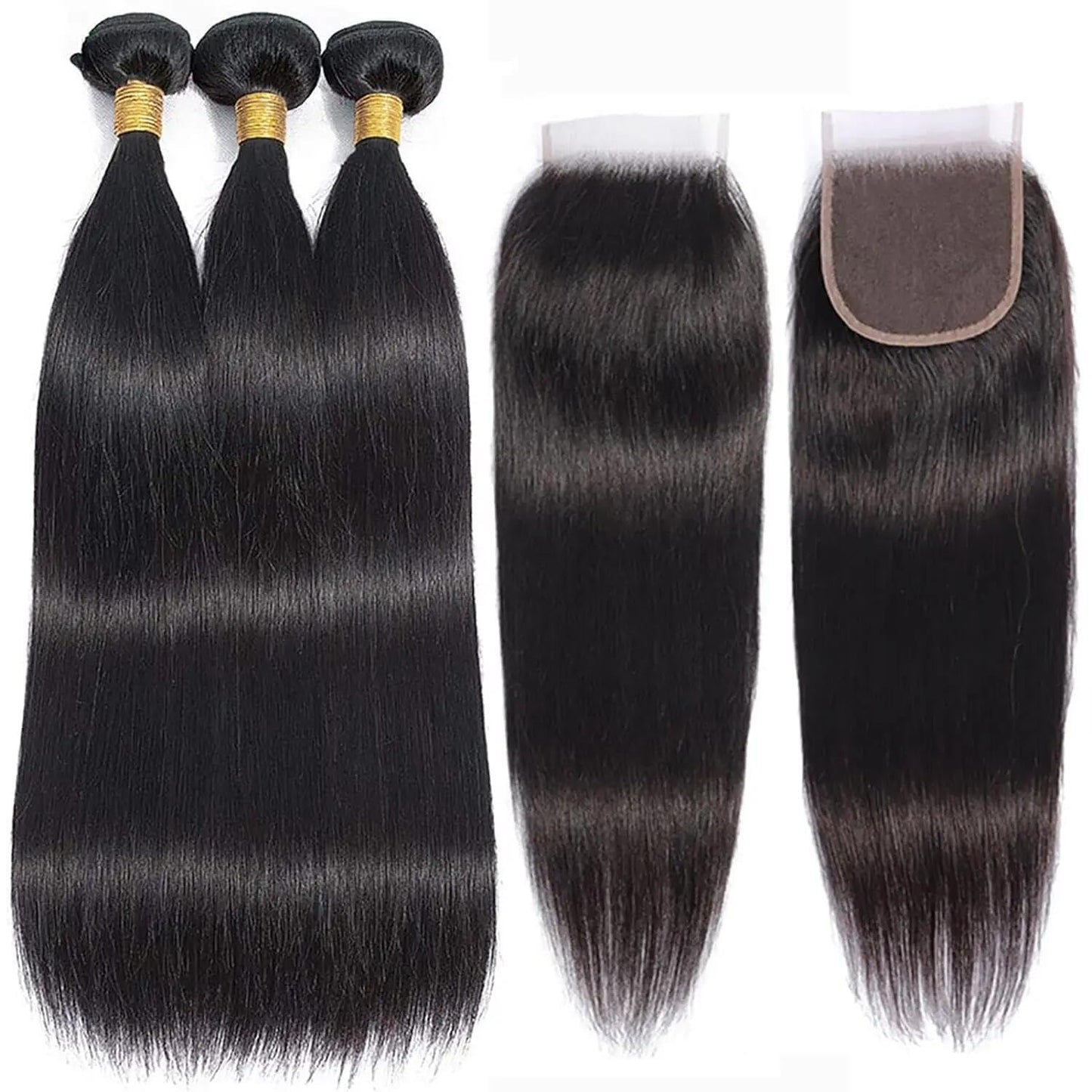 Straight 4 Bundles With Closure Human Hair 18 20 22 24+16 Inch 100% Unprocessed Black Brazilian Hair Extensions Pre Plucked With Baby Hair 4X4 HD Lace Closure