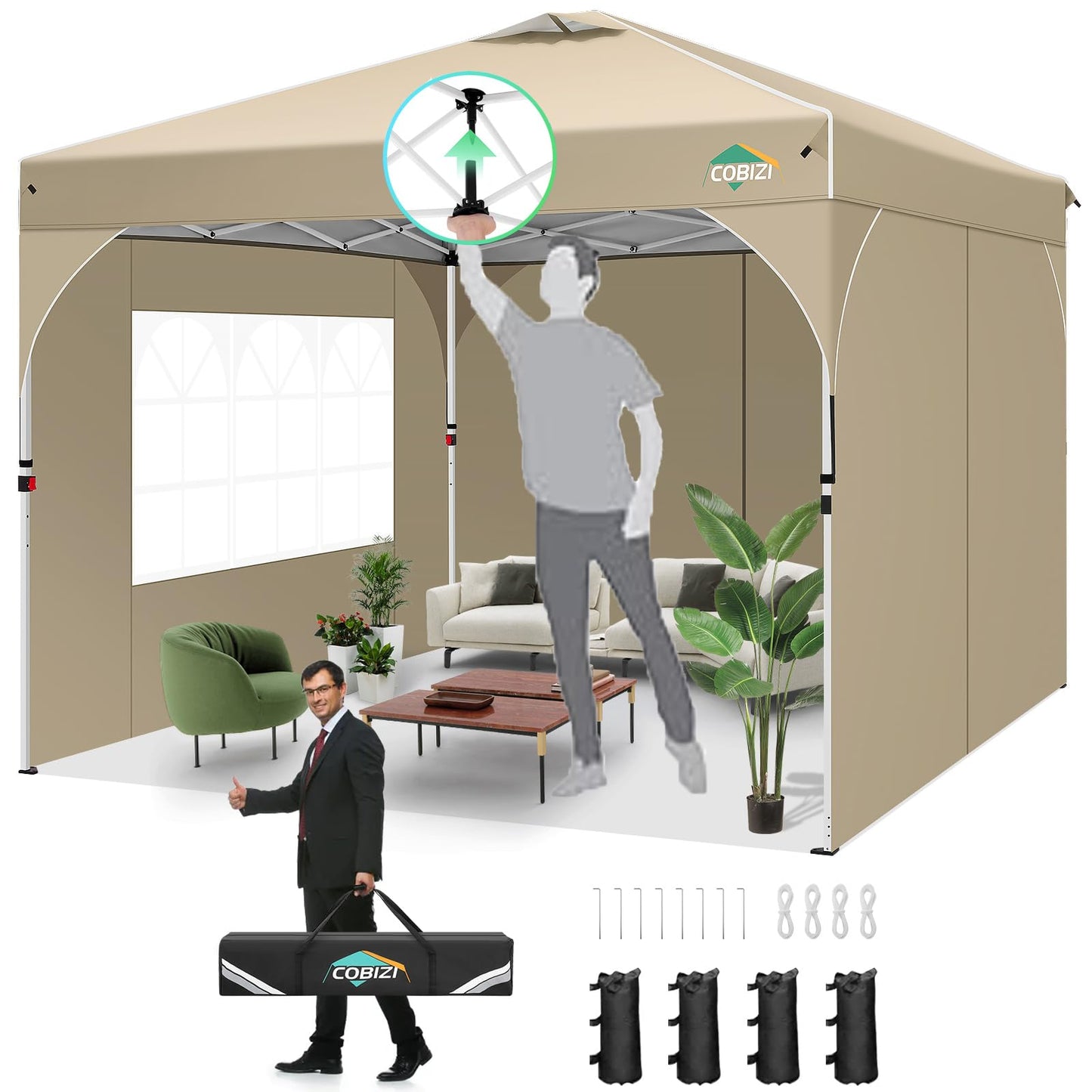 COBIZI 10x20 Pop Up Canopy Tent, Outdoor Party Tent with 4 Sidewalls, 1 Person Easy Set up, Tents for Parties with Fluorescent Strip & 4 Sandbags, Waterproof UPF50+, 3 Adjustable Height, Gray