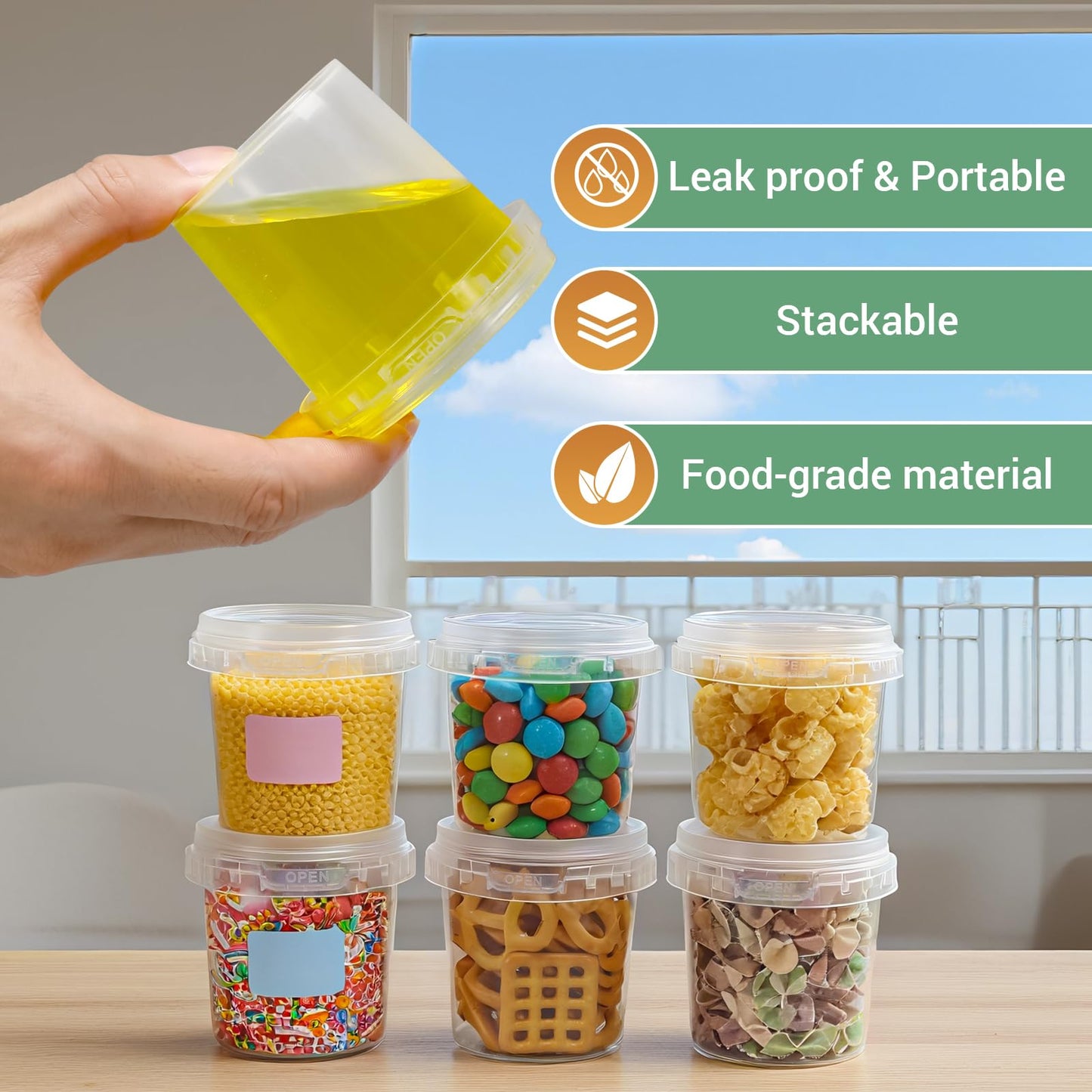 Airtight Clear Plastic Bucket with Lid, Ice Buckets for Parties, Reusable Ice Cream Tub with Handle, Food Storage Container, Food Grade Freezer and Microwave Safe for Sauce, Soup (16 OZ/500 ML)