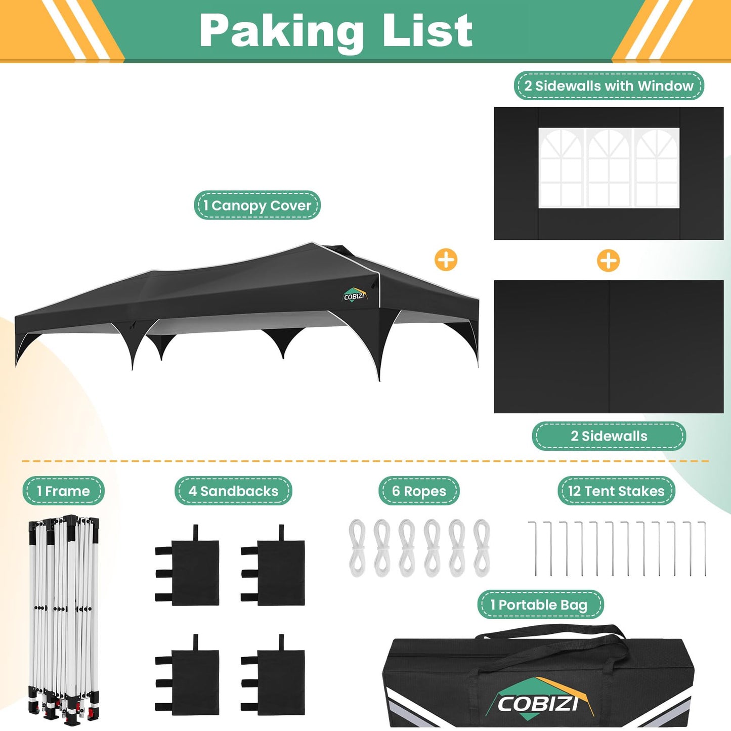 COBIZI 10x20 Pop Up Canopy Tent, Outdoor Party Tent with 4 Sidewalls, 1 Person Easy Set up, Tents for Parties with Fluorescent Strip & 4 Sandbags, Waterproof UPF50+, 3 Adjustable Height, Gray