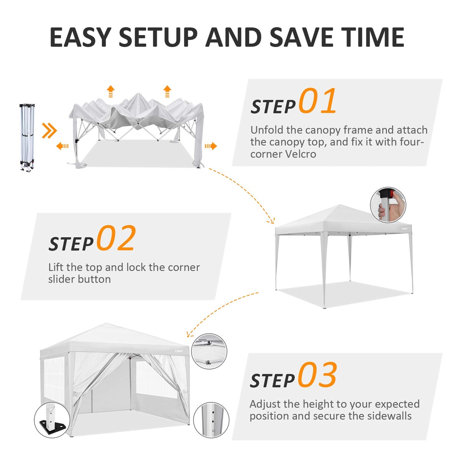 COBIZI 10x20 Pop Up Canopy Tent, Outdoor Party Tent with 4 Sidewalls, 1 Person Easy Set up, Tents for Parties with Fluorescent Strip & 4 Sandbags, Waterproof UPF50+, 3 Adjustable Height, Gray