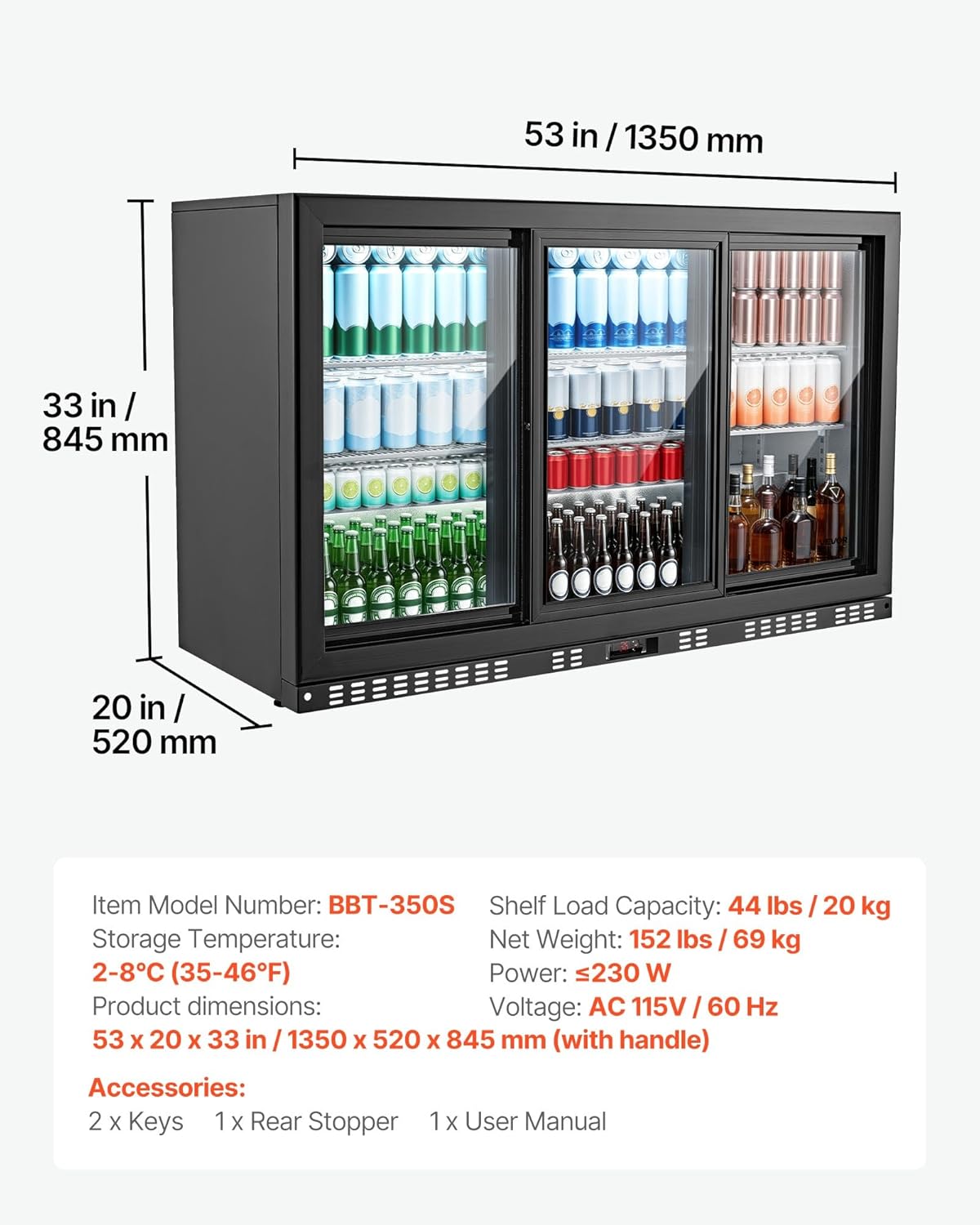 VEVOR Back Bar Cooler, 7.4 Cu. Ft Commercial Beverage Refrigerator, Under Counter Bar Fridge with 2 Sliding Doors, LED Lighting, Adjustable Shelves, Low-E Glass Display Cooler for Beer, Wine, Drink
