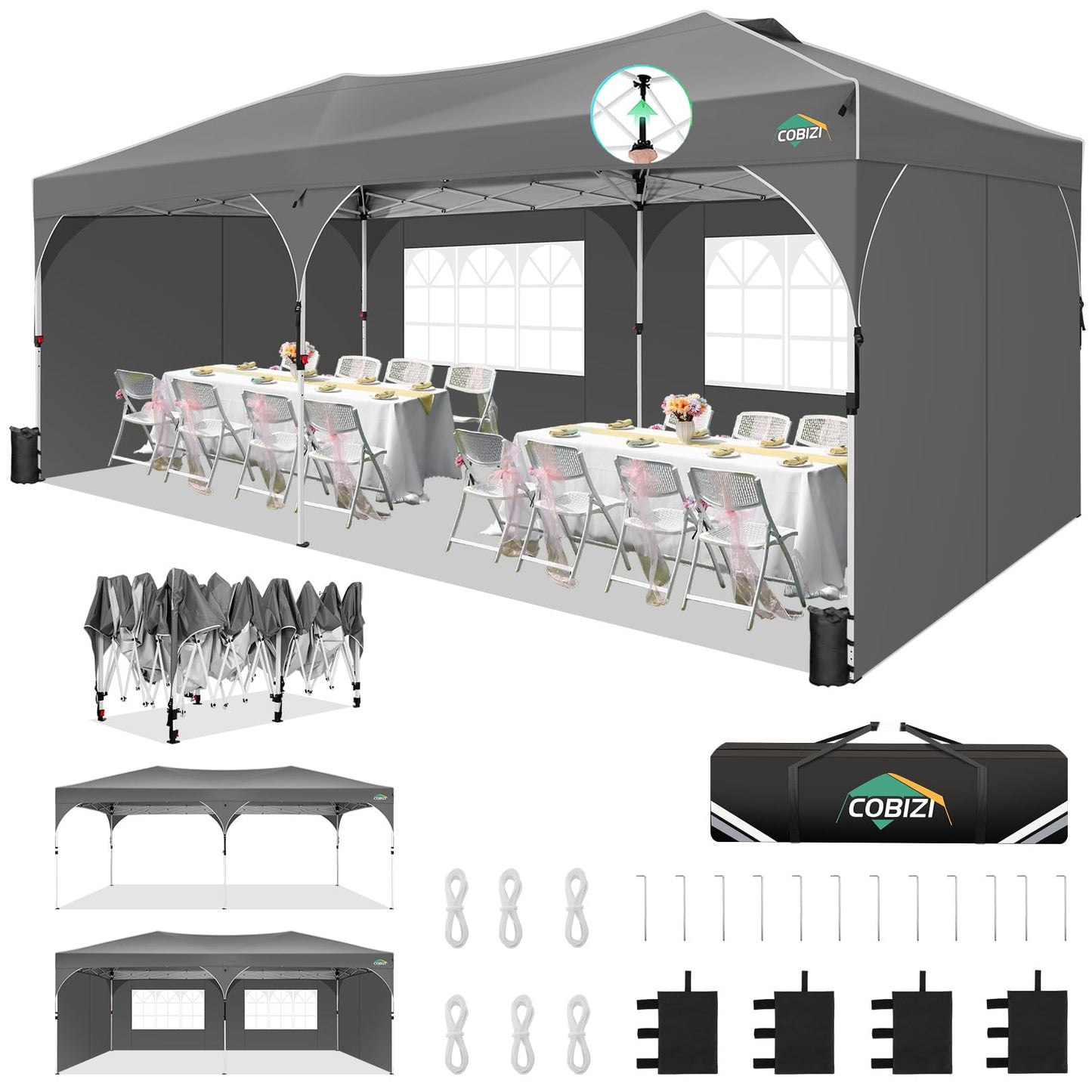 COBIZI 10x20 Pop Up Canopy Tent, Outdoor Party Tent with 4 Sidewalls, 1 Person Easy Set up, Tents for Parties with Fluorescent Strip & 4 Sandbags, Waterproof UPF50+, 3 Adjustable Height, Gray