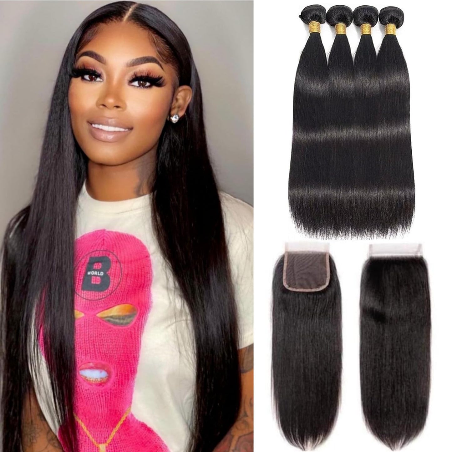 Straight 4 Bundles With Closure Human Hair 18 20 22 24+16 Inch 100% Unprocessed Black Brazilian Hair Extensions Pre Plucked With Baby Hair 4X4 HD Lace Closure