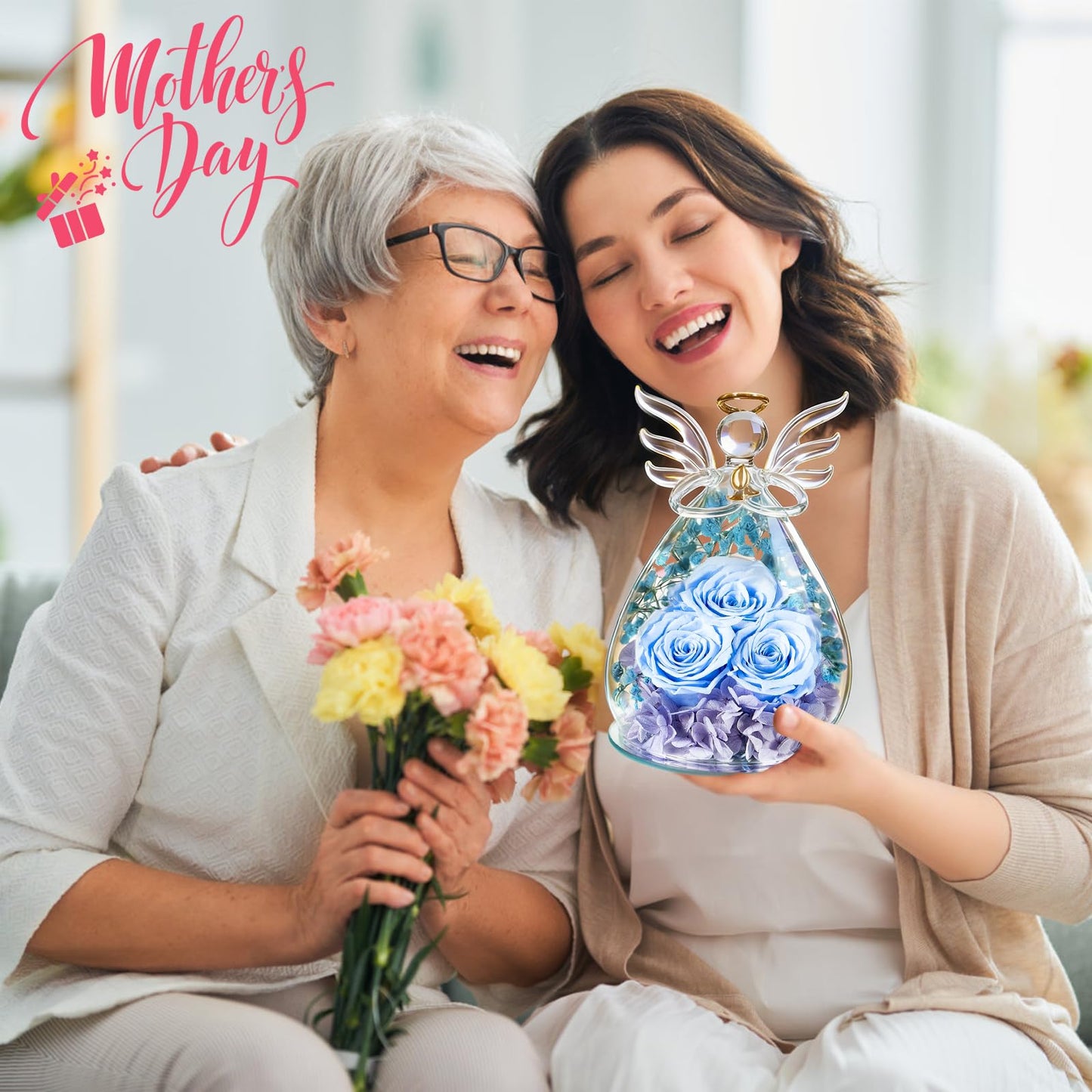 Beferr Mothers Day Mom Birthday Gifts for Women, Fresh Flowers for Delivery Forever Preserved Rose in Glass Angel Figurine, Anniversary Christian Real Rose for Grandma Nana Wife Mum from Daughter Son