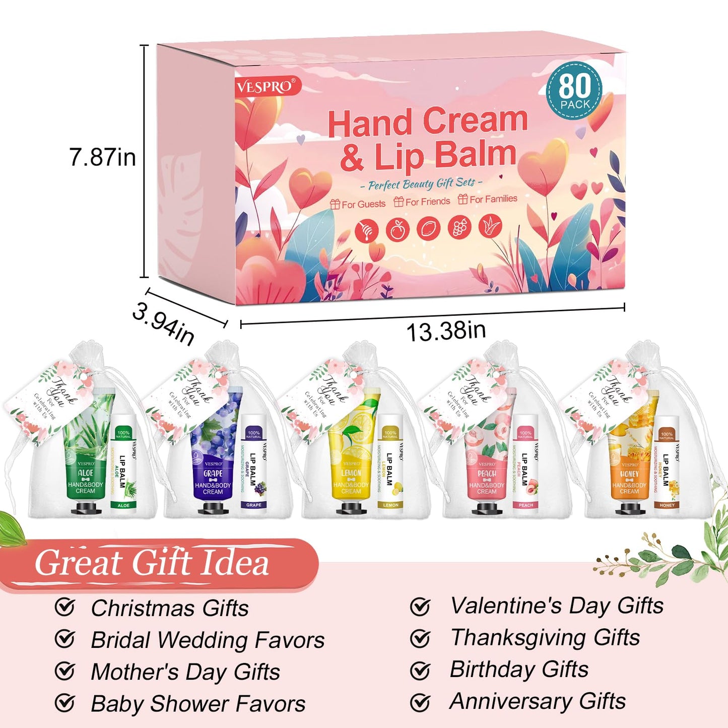 VESPRO 30 Pack Bulk Hand Cream and Bulk Lip Balm Sets, Mothers Day Gifts, Wedding Favors for Guests with Thank You Card and Organza Bags, Birthday Gift, Teacher Appreciation Gifts and Nurse Gift