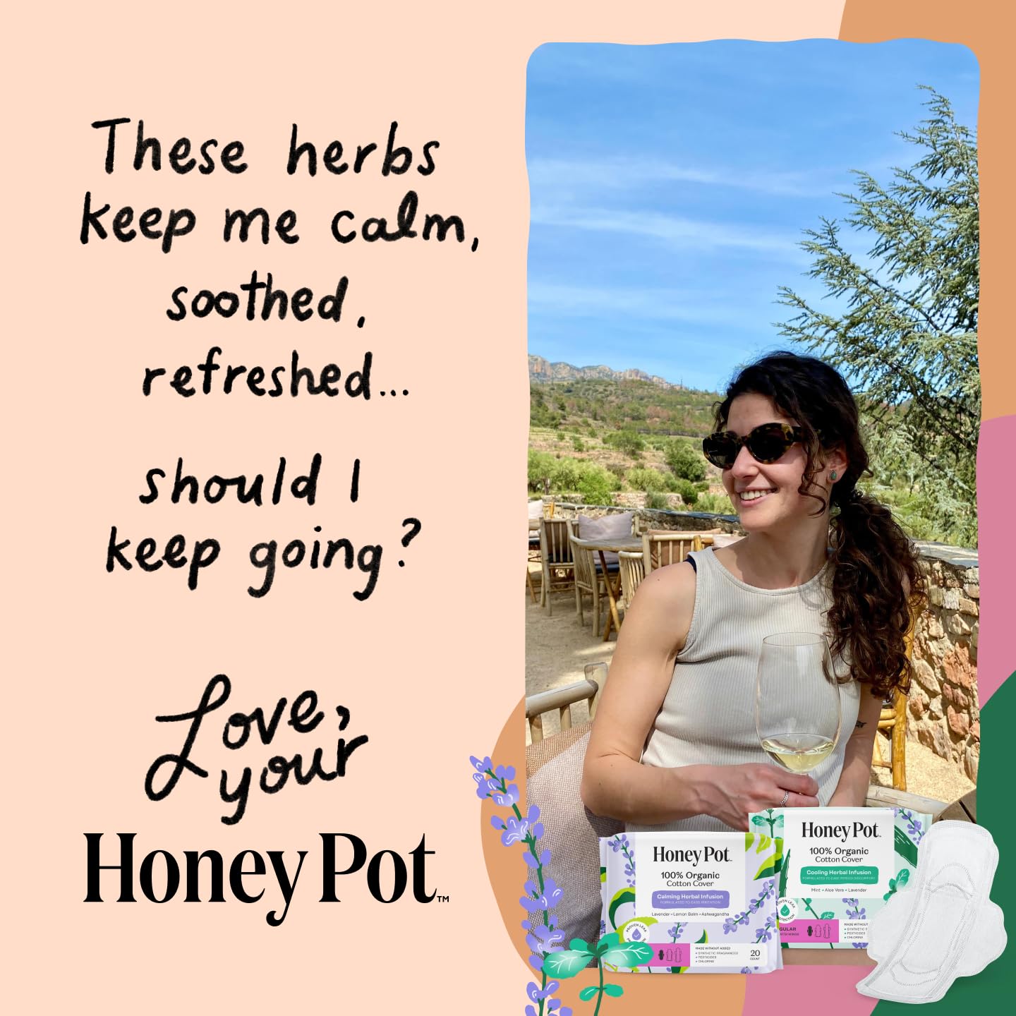 Honey Pot - Calming Herbal Super Sanitary Pads for Women - 100% Organic Cotton Top Sheet - Feminine Care - Non Cooling - Calming Herbs of Lavender, Ashwagandha, & Lemon Balm - 16ct