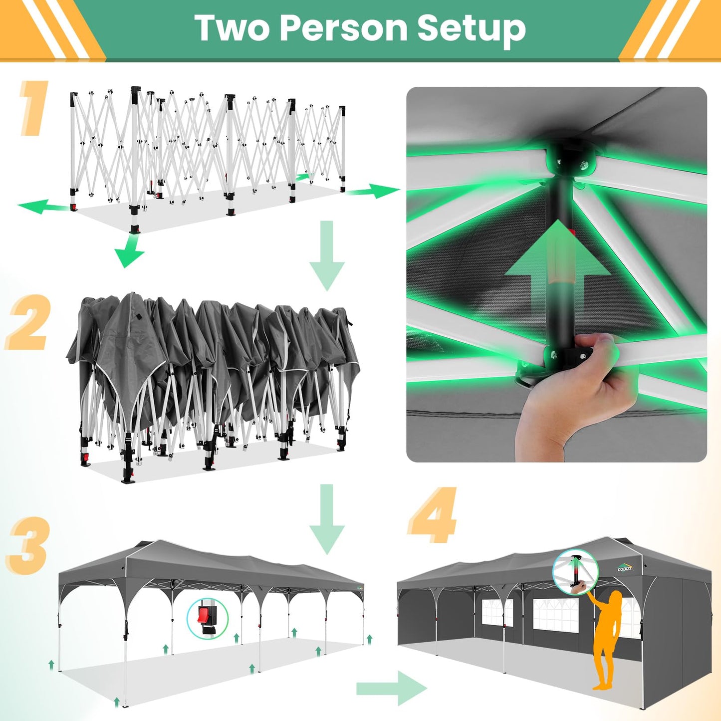 COBIZI 10x20 Pop Up Canopy Tent, Outdoor Party Tent with 4 Sidewalls, 1 Person Easy Set up, Tents for Parties with Fluorescent Strip & 4 Sandbags, Waterproof UPF50+, 3 Adjustable Height, Gray