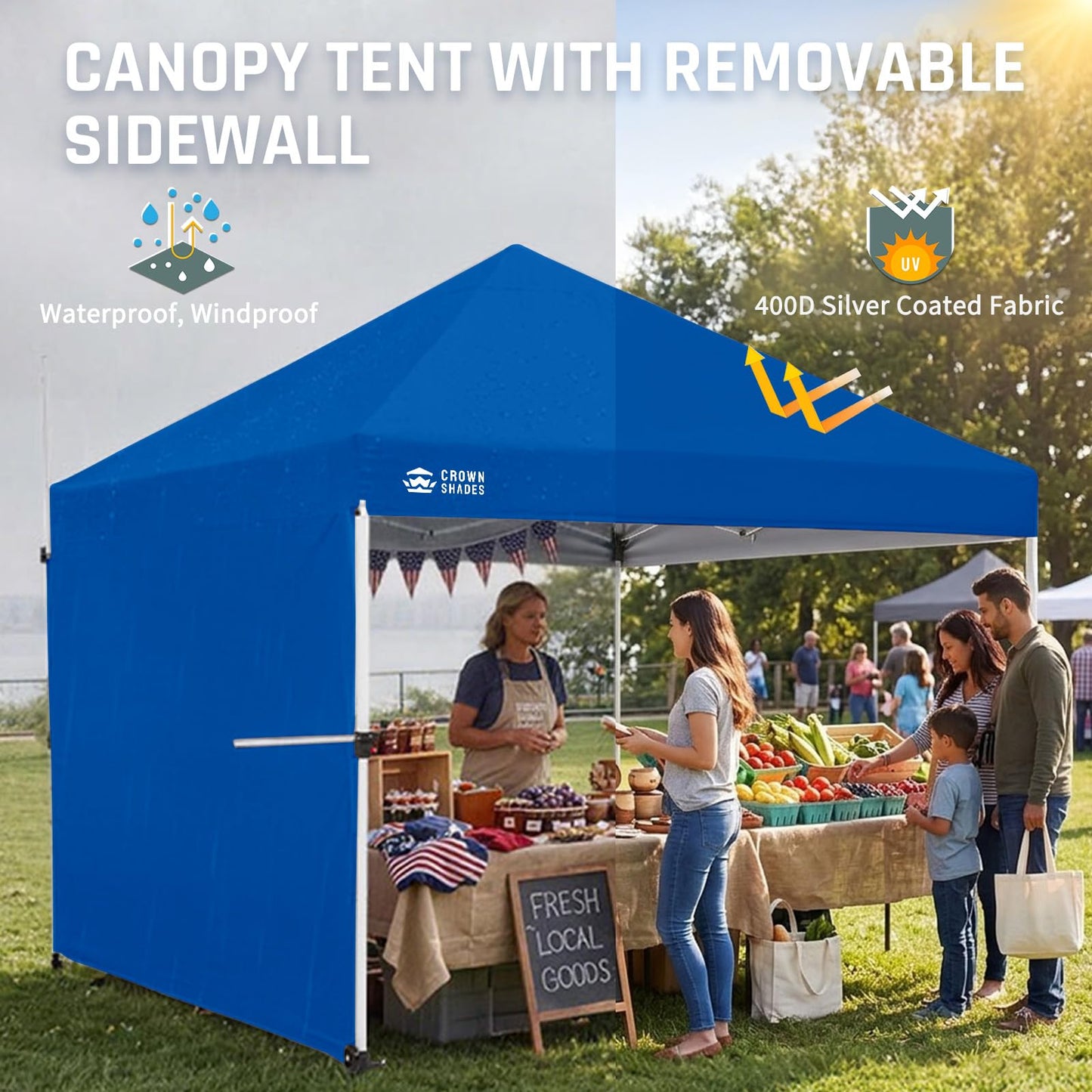 CROWN SHADES 10x10 Pop Up Commercial Canopy Tent, Patented One Push Setup, Heavy Duty Vendor Tent, 1 Removable Sidewall, 4" Wheels, Sto'N Go Bag, 400D Silver Coated, UPF 50+ Waterproof, Blue