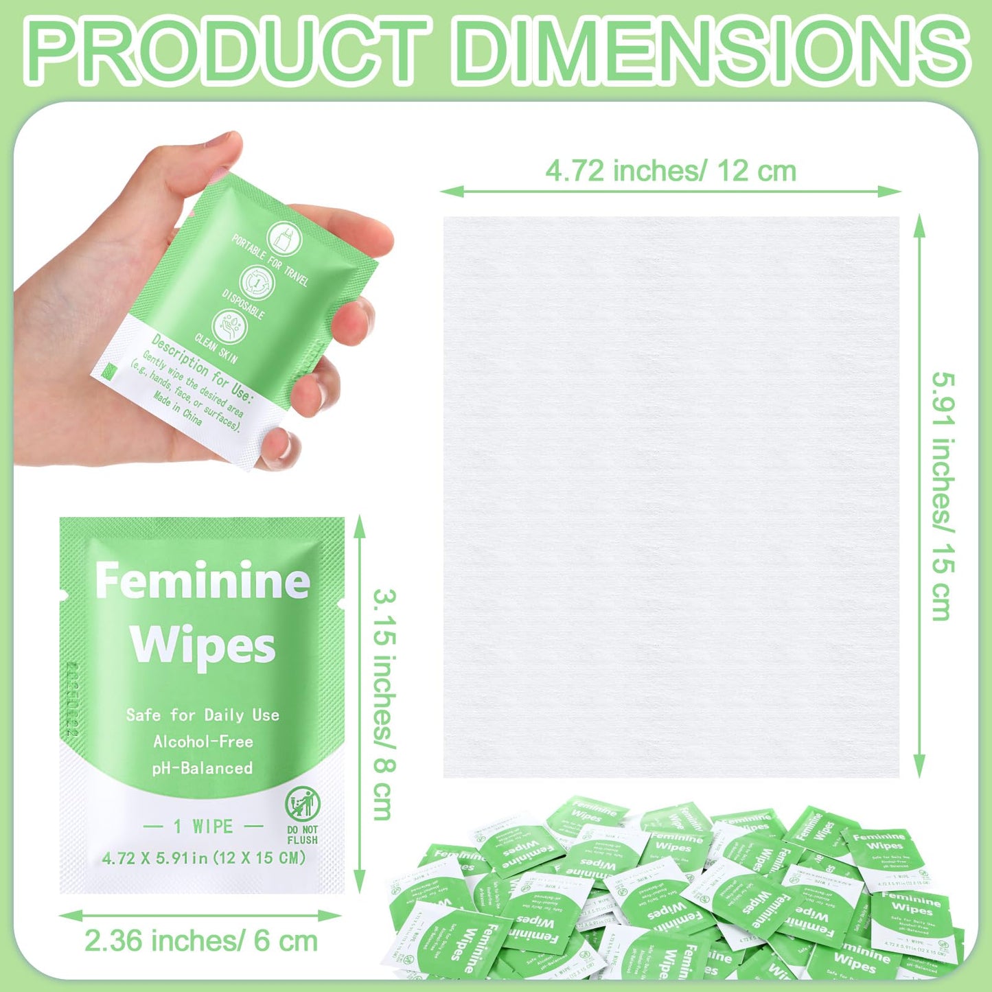 300 Pieces Feminine Wipes Individually Wrapped Women Travel Size Bulk Unscented Intimate Wipes Mild Private Parts Ph Balanced for Travel Bathroom Toilet Daily(Green)
