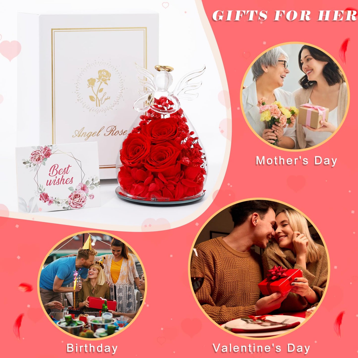 Beferr Mothers Day Mom Birthday Gifts for Women, Fresh Flowers for Delivery Forever Preserved Rose in Glass Angel Figurine, Anniversary Christian Real Rose for Grandma Nana Wife Mum from Daughter Son