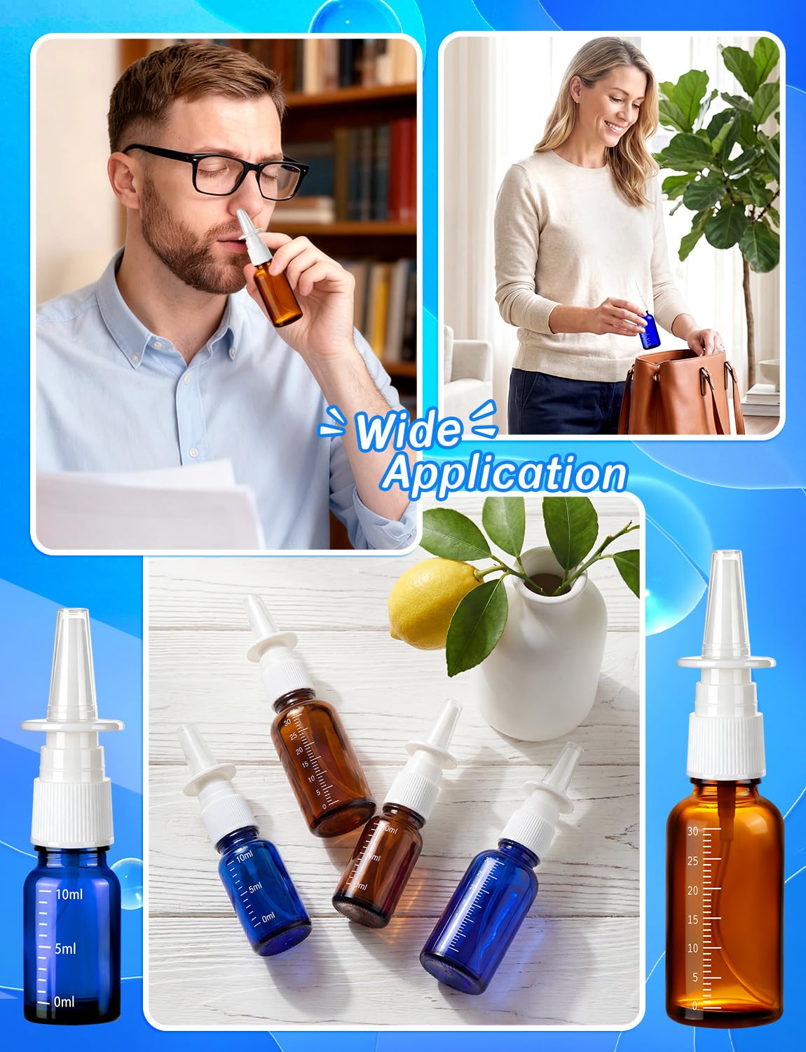 10 Pcs Nasal Spray Bottle, 10ML/0.35OZ 6Pcs Glass Empty Blue Scale Nose Spray Bottles Refillable with 2 Funnels and 2 Labels