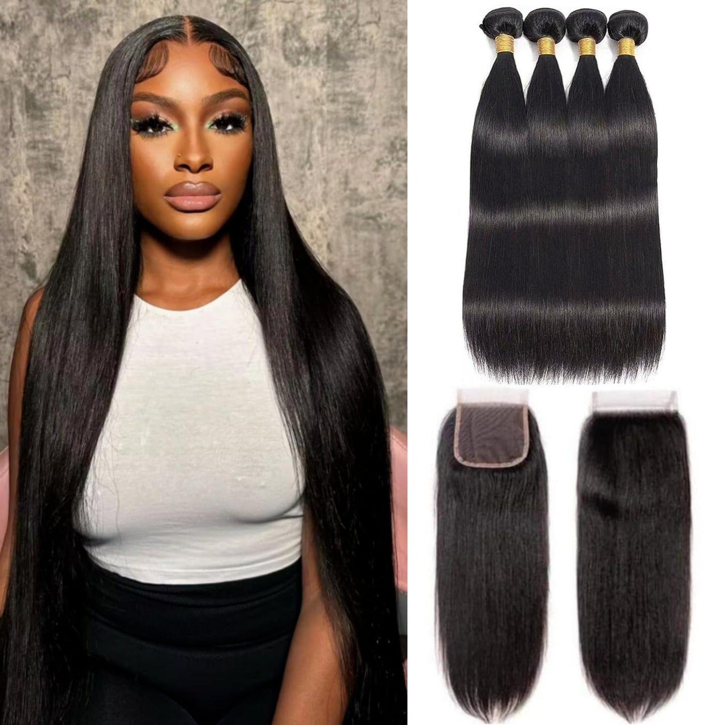 Straight 4 Bundles With Closure Human Hair 18 20 22 24+16 Inch 100% Unprocessed Black Brazilian Hair Extensions Pre Plucked With Baby Hair 4X4 HD Lace Closure