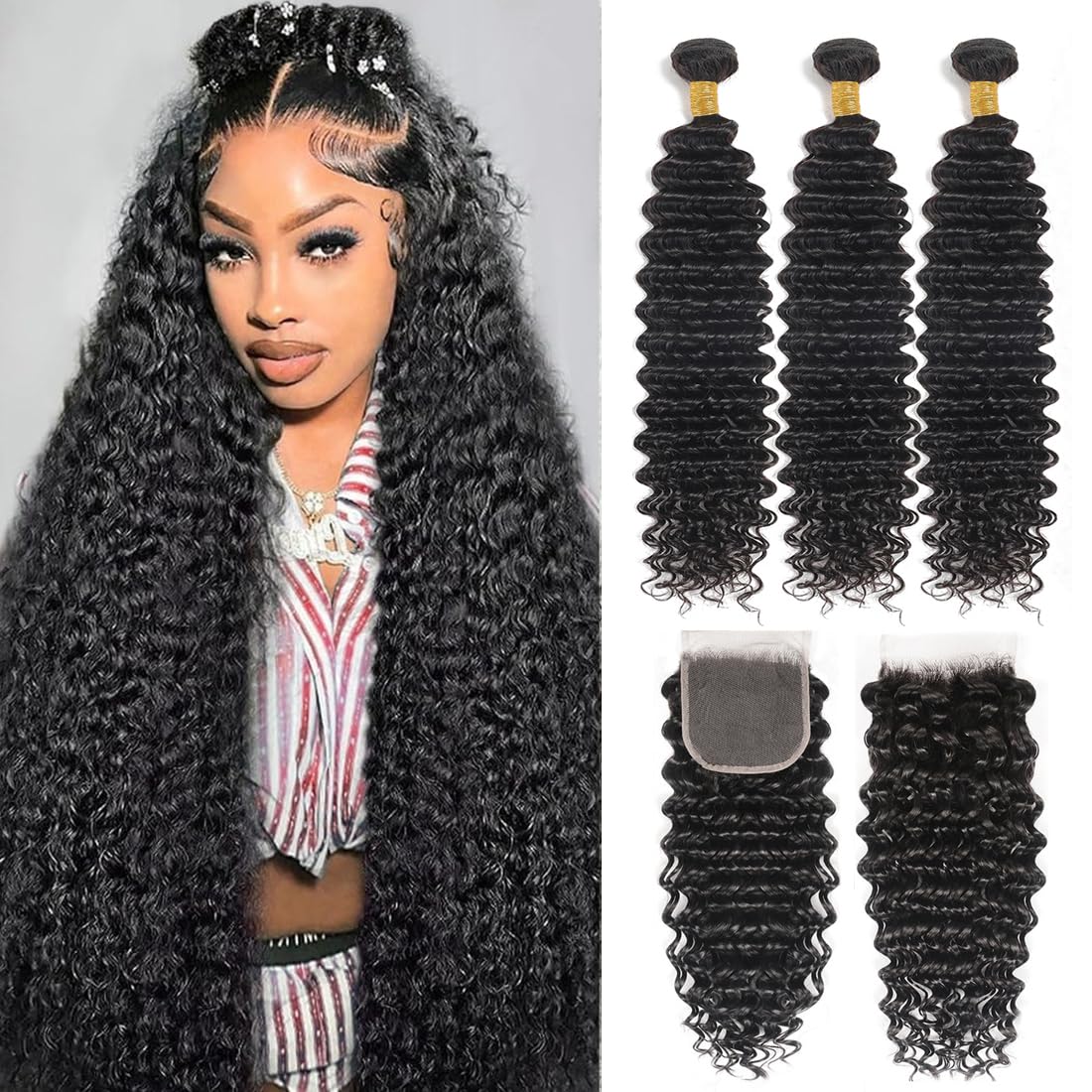 Closure with Bundles (16 18 20 22+14 Closure) Free Part Deep Wave 4 Bundles with 4x4 Lace Closure 100% Unprocessed Brazilian Virgin Remy Hair Curly Bundles Hair Extension Double Weft Natural Color