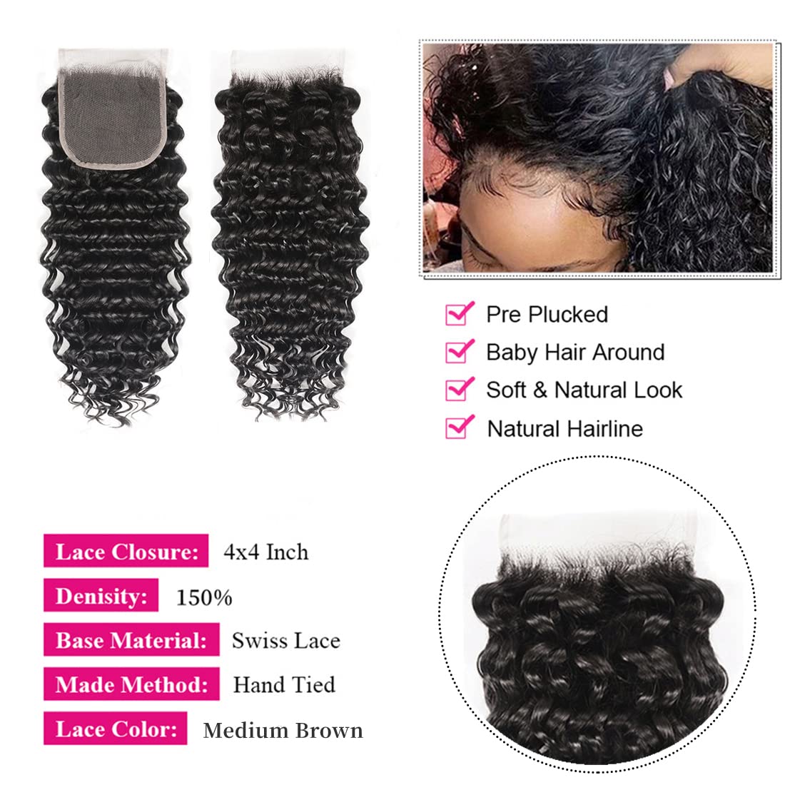 Closure with Bundles (16 18 20 22+14 Closure) Free Part Deep Wave 4 Bundles with 4x4 Lace Closure 100% Unprocessed Brazilian Virgin Remy Hair Curly Bundles Hair Extension Double Weft Natural Color