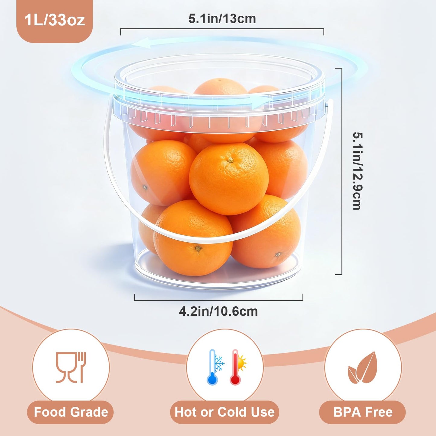 Airtight Clear Plastic Bucket with Lid, Ice Buckets for Parties, Reusable Ice Cream Tub with Handle, Food Storage Container, Food Grade Freezer and Microwave Safe for Sauce, Soup (16 OZ/500 ML)