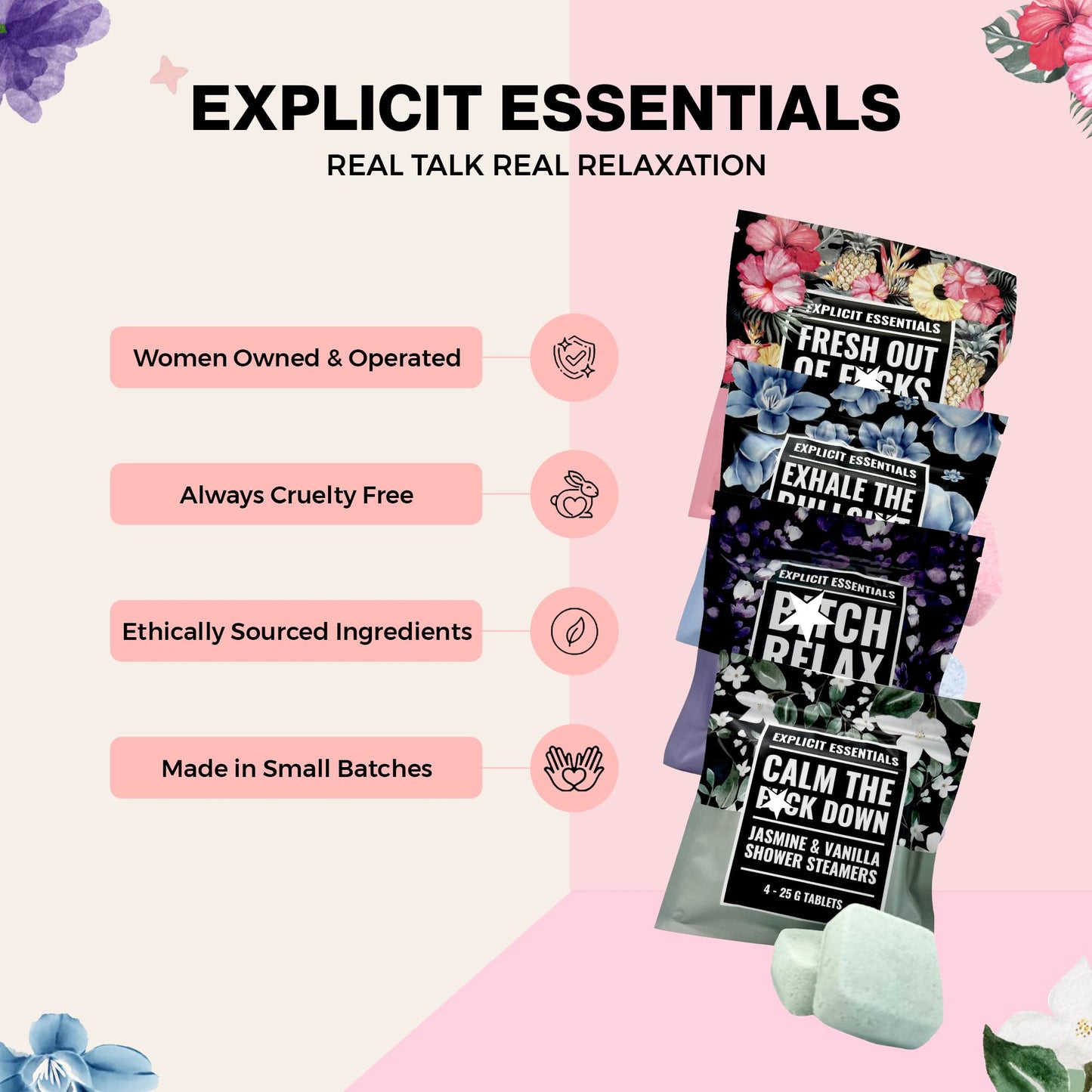 Explicit Essentials Shower Steamers Gift Set | 4 Funny Handmade Aromatherapy Shower Bombs | Relaxation & Stress Relief Spa Gift for Self-Care, Birthdays & Holidays
