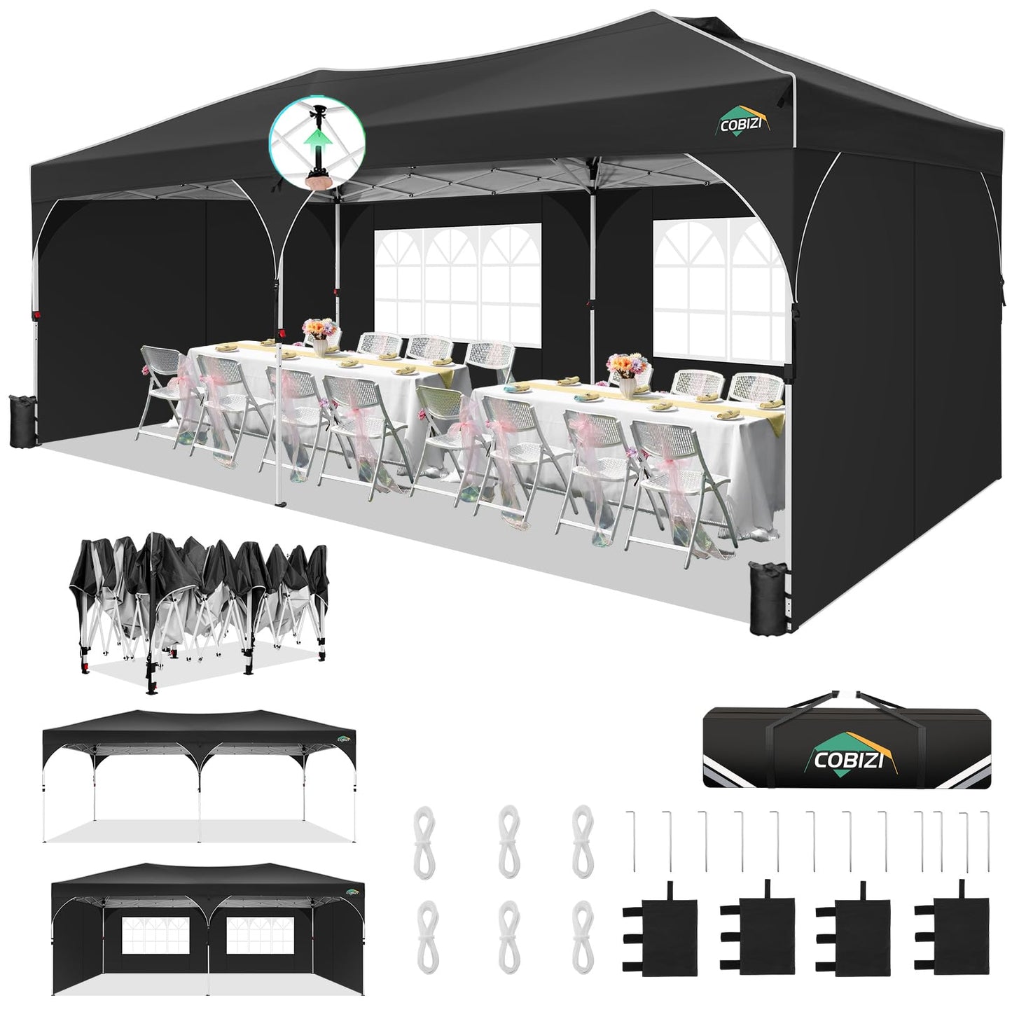 COBIZI 10x20 Pop Up Canopy Tent, Outdoor Party Tent with 4 Sidewalls, 1 Person Easy Set up, Tents for Parties with Fluorescent Strip & 4 Sandbags, Waterproof UPF50+, 3 Adjustable Height, Gray