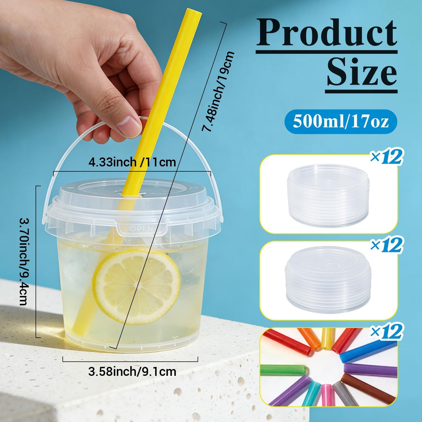 Airtight Clear Plastic Bucket with Lid, Ice Buckets for Parties, Reusable Ice Cream Tub with Handle, Food Storage Container, Food Grade Freezer and Microwave Safe for Sauce, Soup (16 OZ/500 ML)
