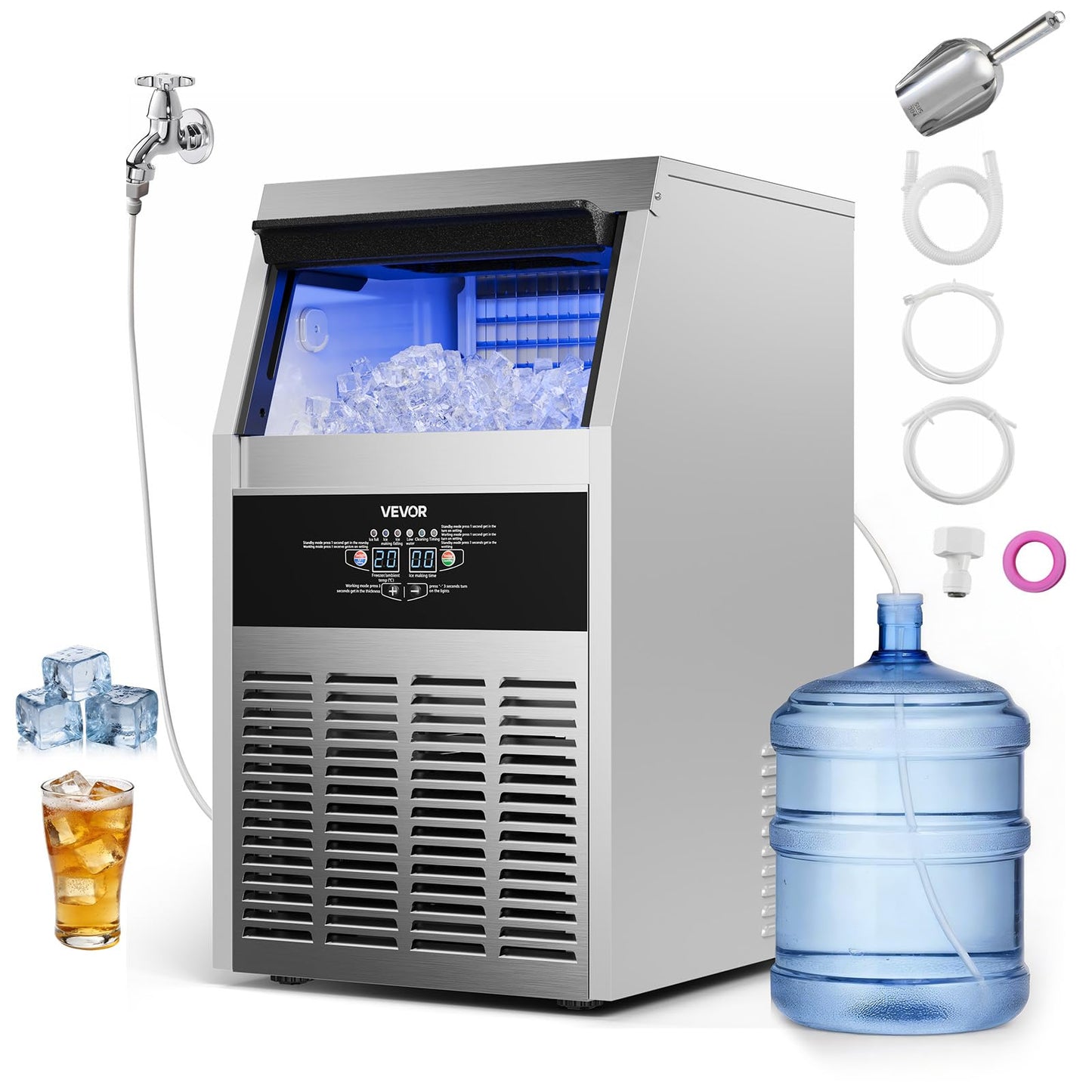 VEVOR Commercial Ice Maker Machine, 265 lbs/24h with 85 lbs Storage Capacity, Built-in/Freestanding/Under Counter, Stainless Steel Ice Maker with LED Display & Self-Cleaning, for Home Bar Restaurant