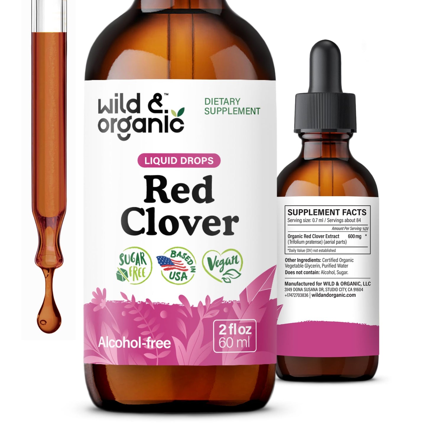 Wild & Organic Red Clover Supplement - Menopause Supplements for Women - Red Clover Extract Drops - Add to Tea Liquid Herb - 2-Month Supply - Sugar & Alcohol-Free Blossom Tincture - 4 fl oz