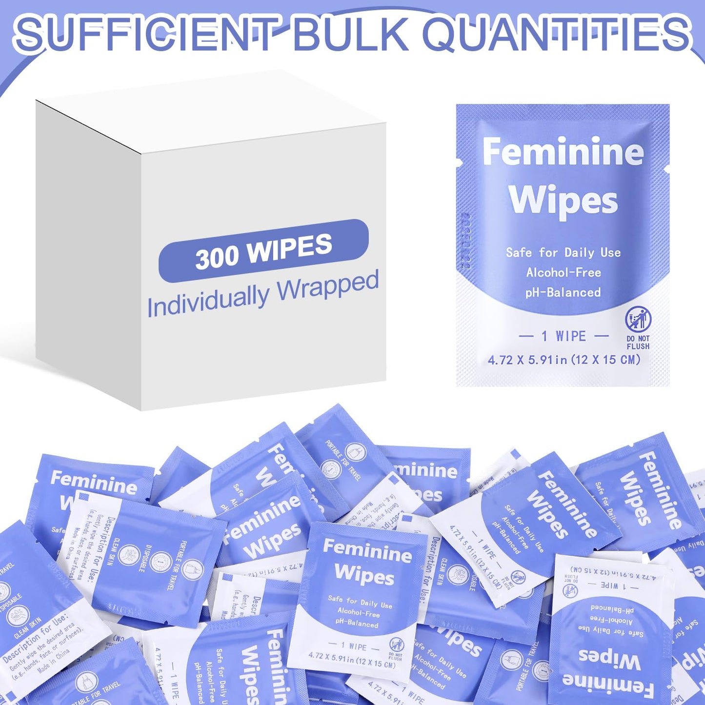 300 Pieces Feminine Wipes Individually Wrapped Women Travel Size Bulk Unscented Intimate Wipes Mild Private Parts Ph Balanced for Travel Bathroom Toilet Daily(Green)
