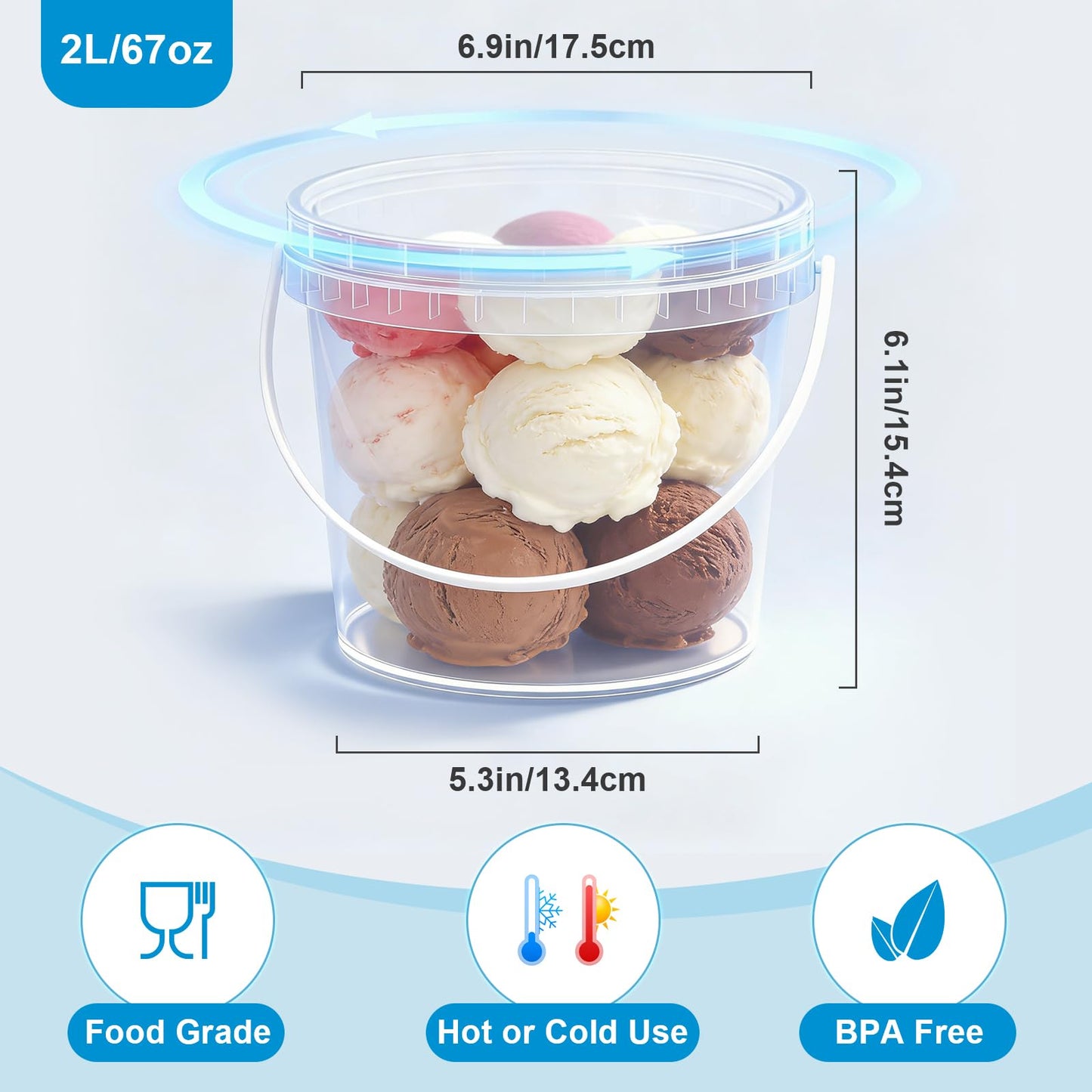 Airtight Clear Plastic Bucket with Lid, Ice Buckets for Parties, Reusable Ice Cream Tub with Handle, Food Storage Container, Food Grade Freezer and Microwave Safe for Sauce, Soup (16 OZ/500 ML)
