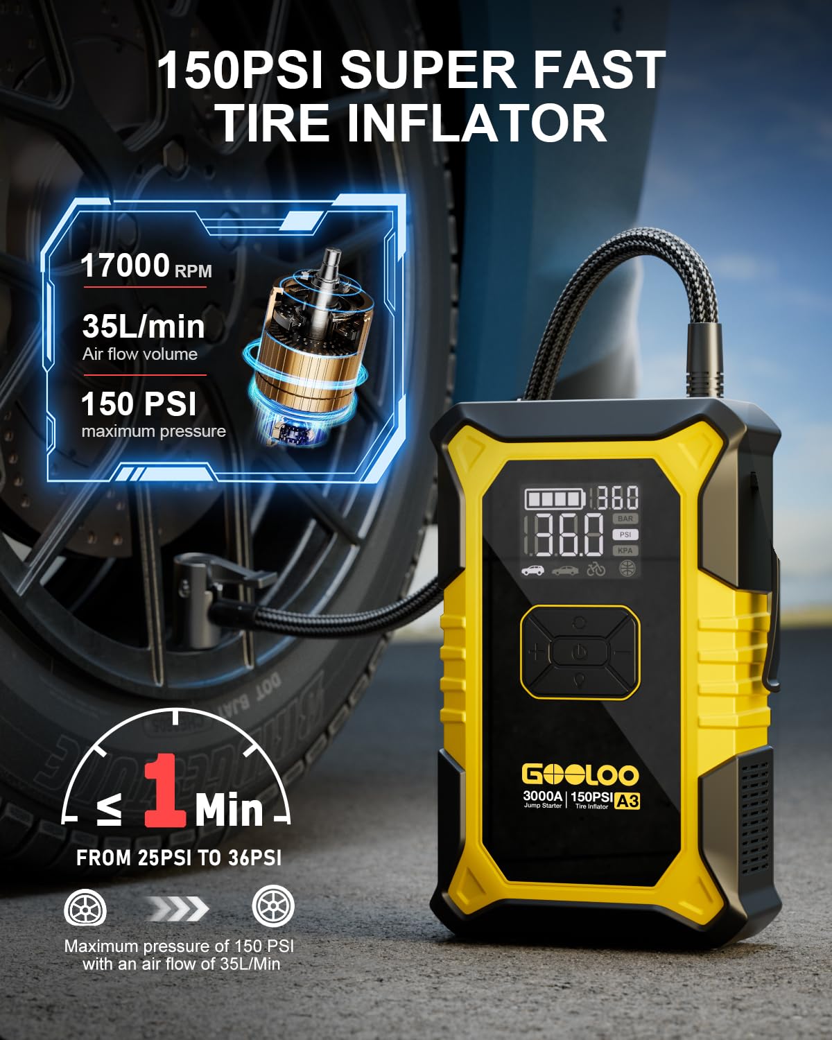 GOOLOO A3 Jump Starter with Air Compressor, 3000A Portable Car Battery Booster (9.0 Gas/6.5L Diesel) with 150PSI Auto-Shutoff Tire Inflator, 12V Supersafe Lithium Jump Box Car Battery Jumper Starter