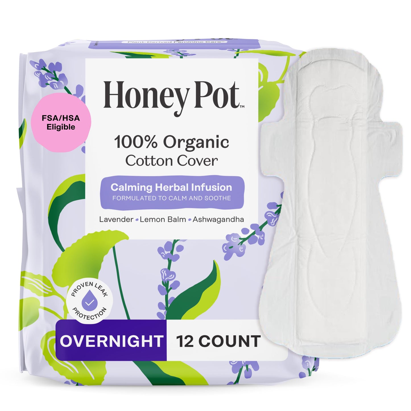 Honey Pot - Calming Herbal Super Sanitary Pads for Women - 100% Organic Cotton Top Sheet - Feminine Care - Non Cooling - Calming Herbs of Lavender, Ashwagandha, & Lemon Balm - 16ct